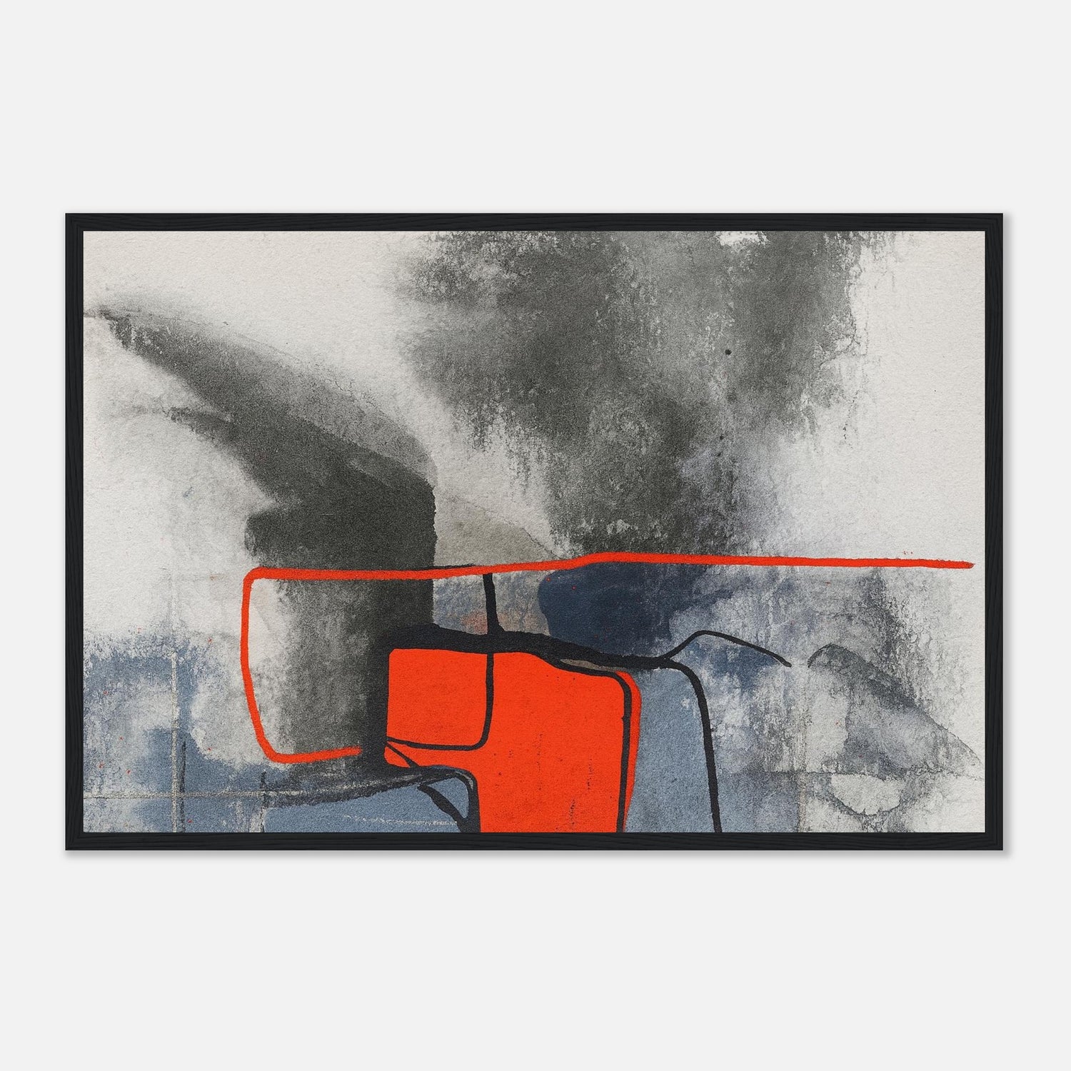 Urban Ember – Abstract Expressionist Print with Red Accents, Modern Art Poster, Moody Watercolor - Matte Wooden Framed 40x60 cm 16x24″ Black frame