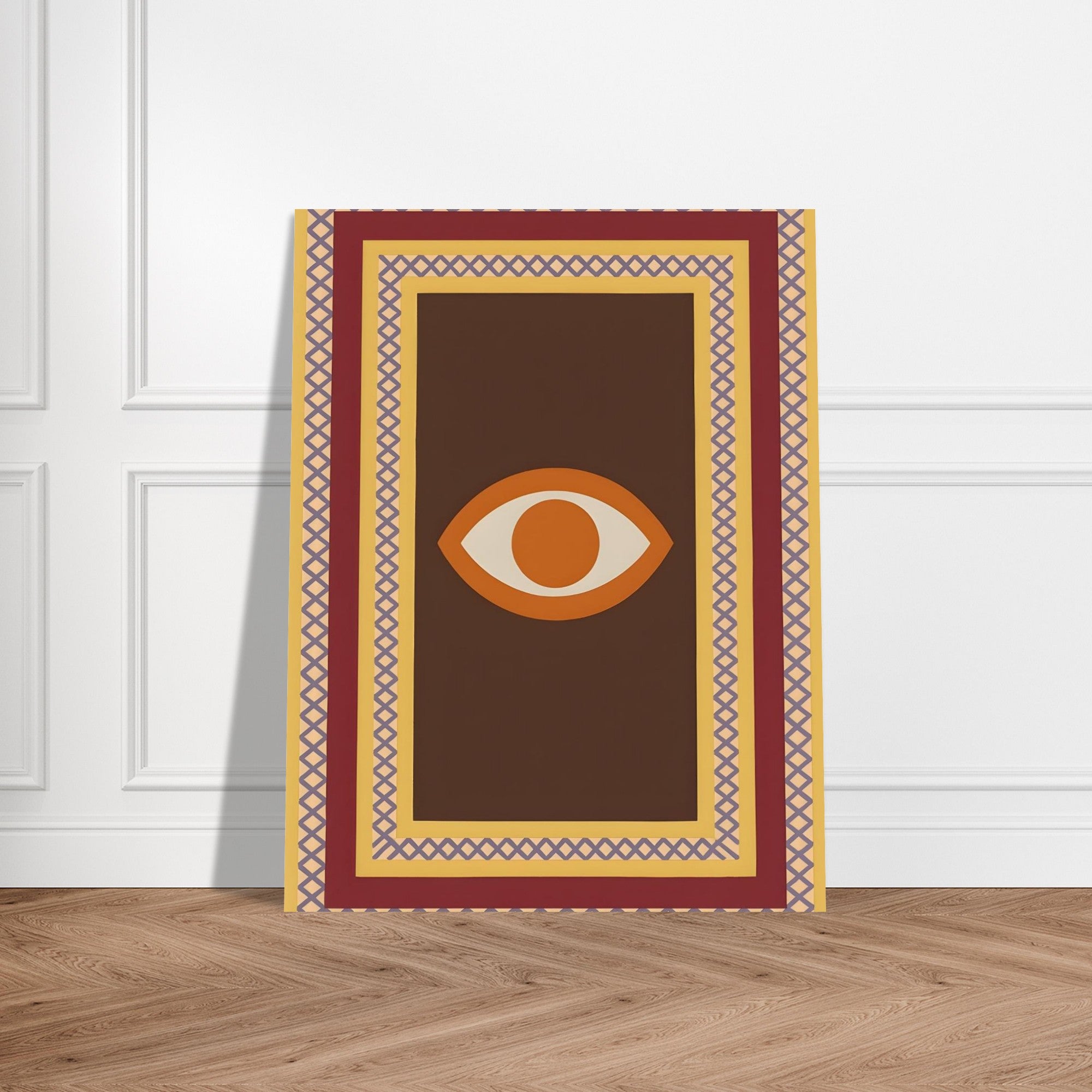 Azure Guardian – Evil Eye Folk Wall Art in Rich Earth Tones (A0, A1,A2, A3. A4 Poster) 27x35 cm 11x14″ Brown with Orange Eye