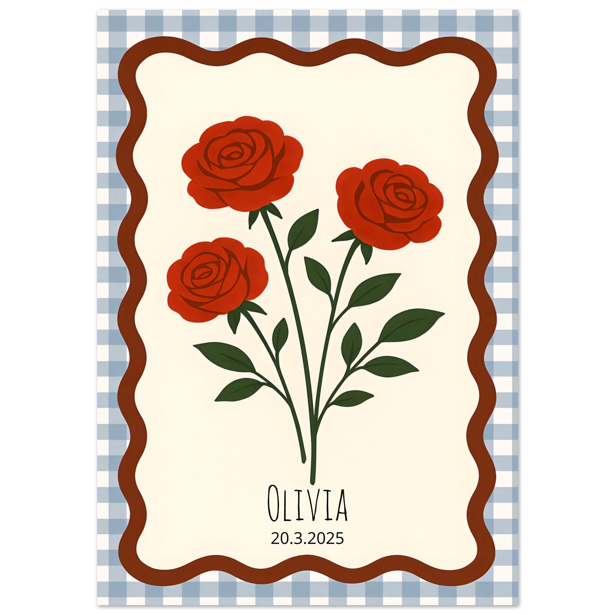 Custom Nursery Folk Art Floral Poster with Name Personalization – Red-Orange Flowers, Gingham Nursery Print, Wall Art Decor 21x29.7 cm 8x12"