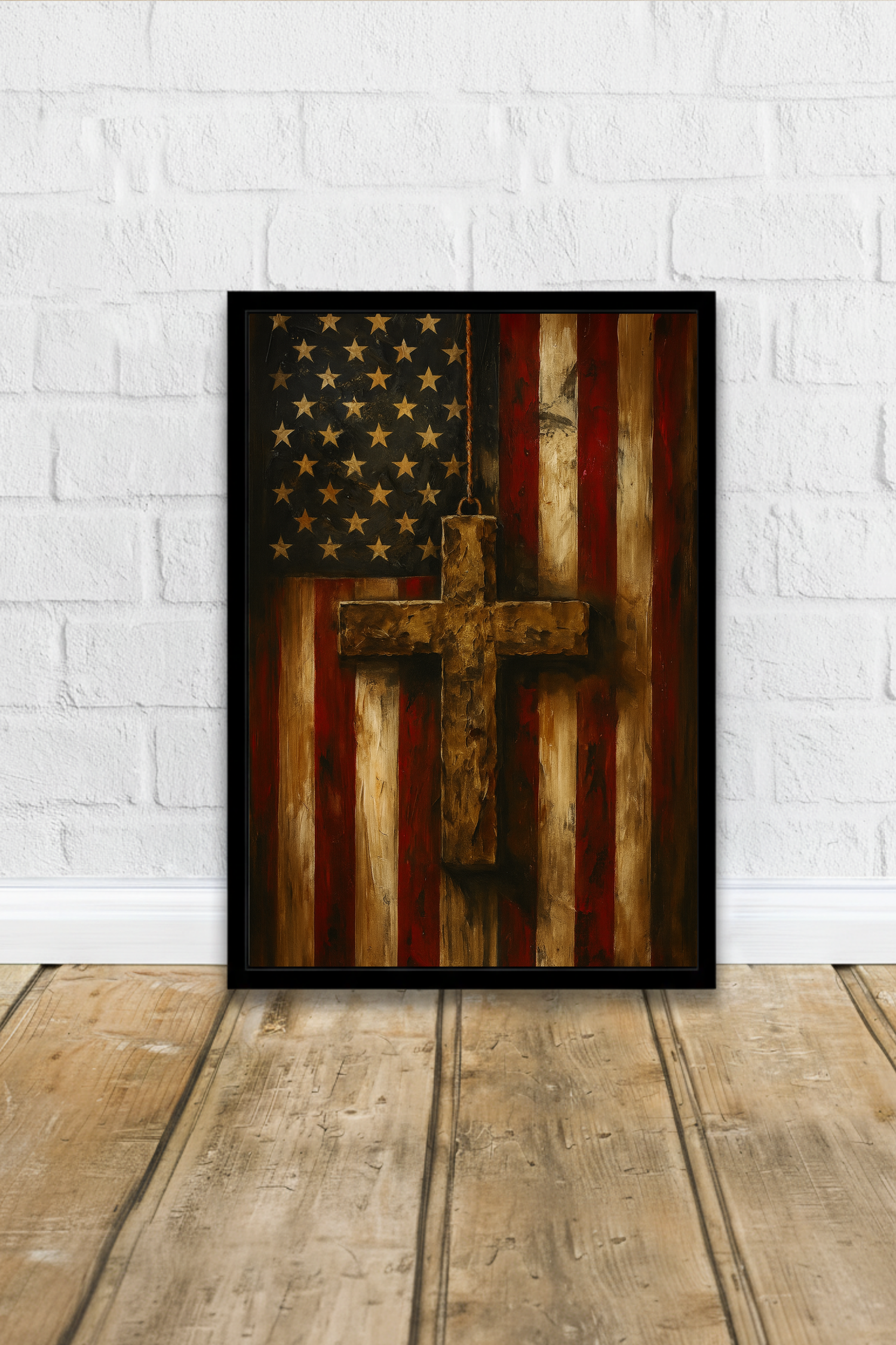 Christian Country Poster - American Flag & Cross Wall Art | Patriotic Faith-Based Home Decor Print