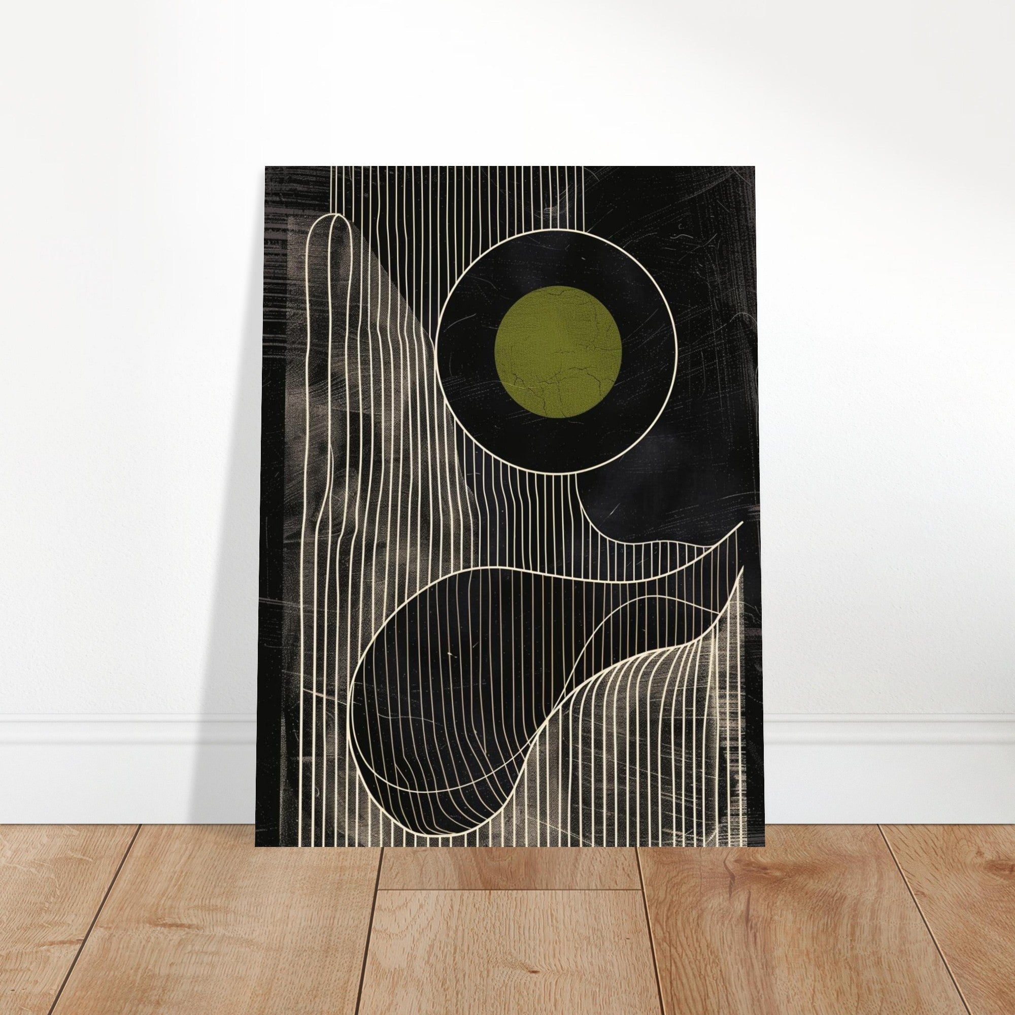 Olive Eclipse: Linear Noir Abstraction - Modern Minimalist Wall Art Print 30x40 cm 12x16″