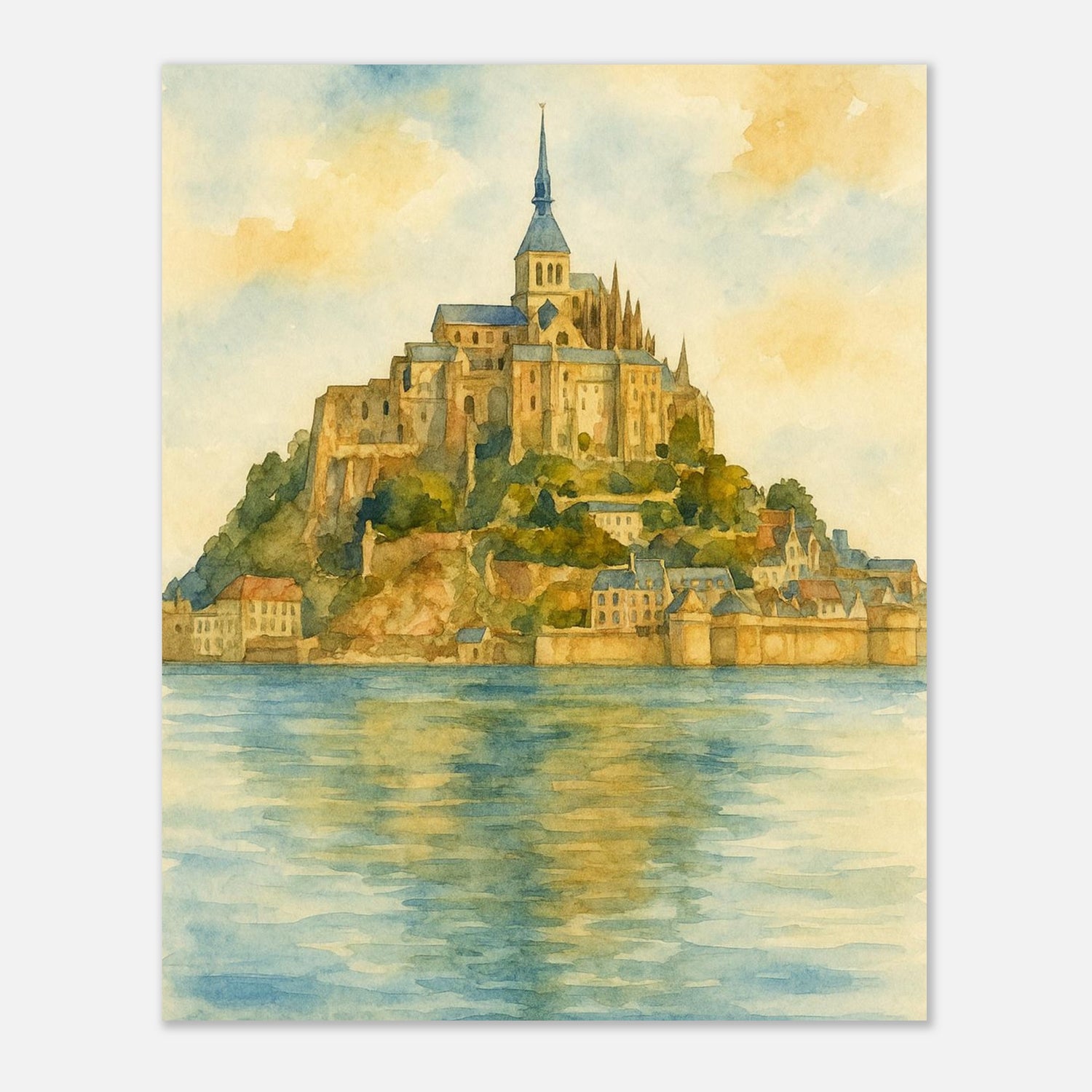 Mont Saint Michel France Coastal Monastery Watercolour Print – Unframed Travel Wall Art, Home Decor 40x50 cm 16x20″