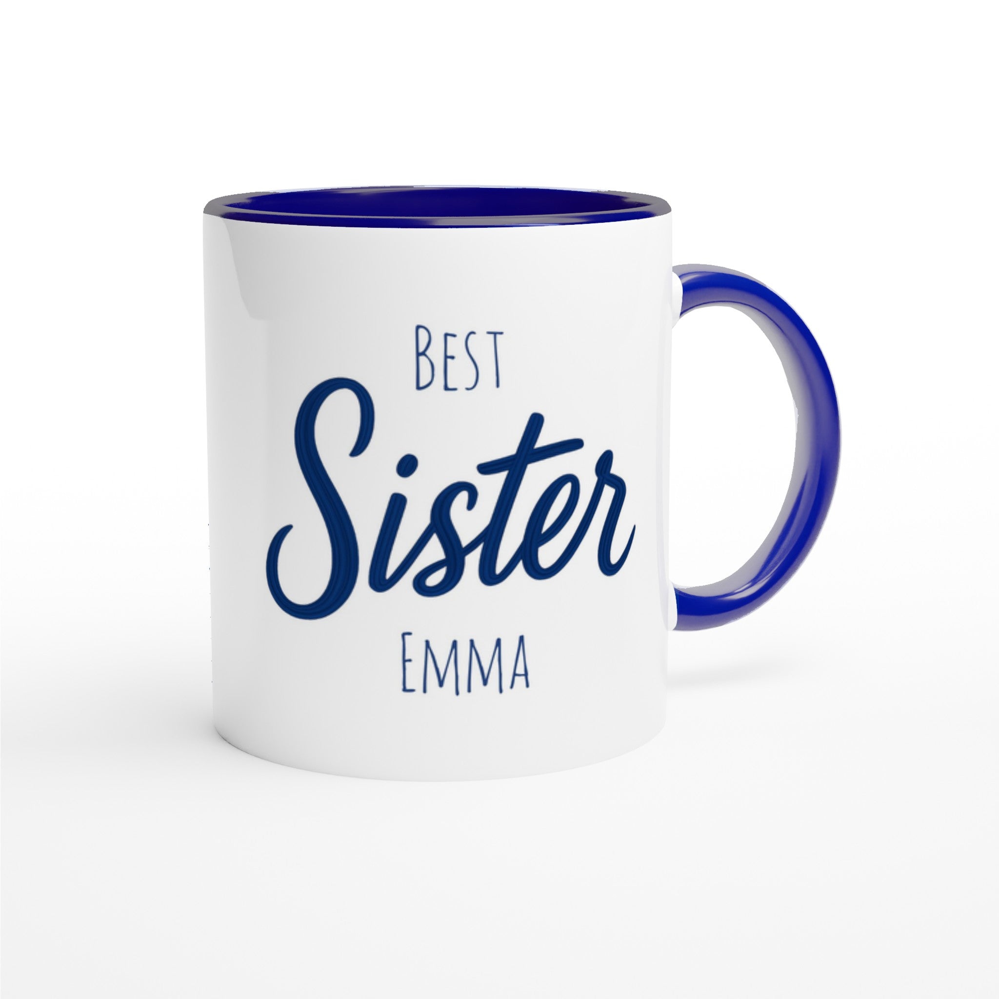 Sister Mug - Blue Brush Script Mug with Heart – Elegant Blue Calligraphy 11oz Coffee Cup – Gift for Sister, Birthday or Everyday Surprise