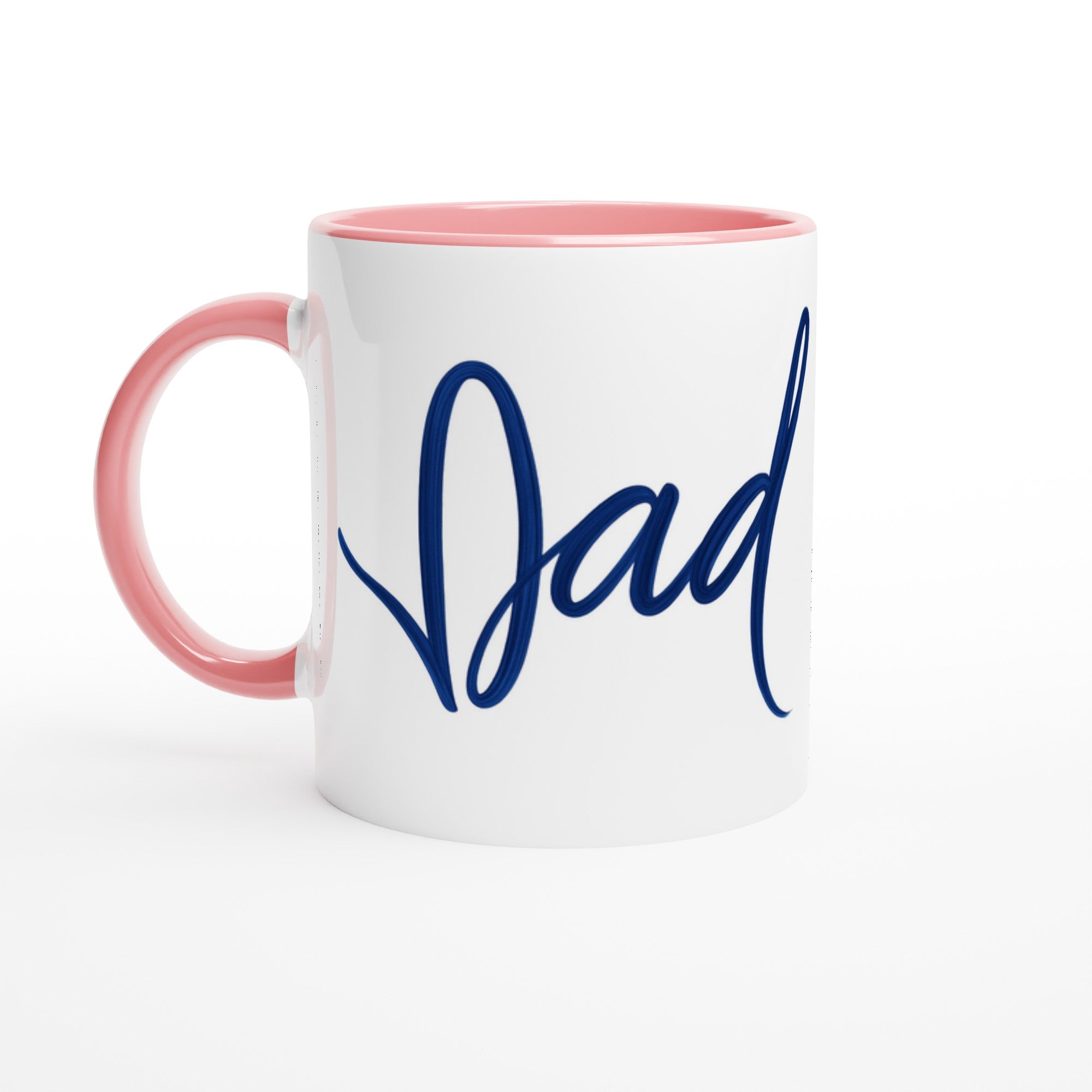 Dad Mug - Blue Brush Script Mug with Heart – Elegant Blue Calligraphy 11oz Coffee Cup – Father’s Day or Birthday Gift for Dad Ceramic Pink