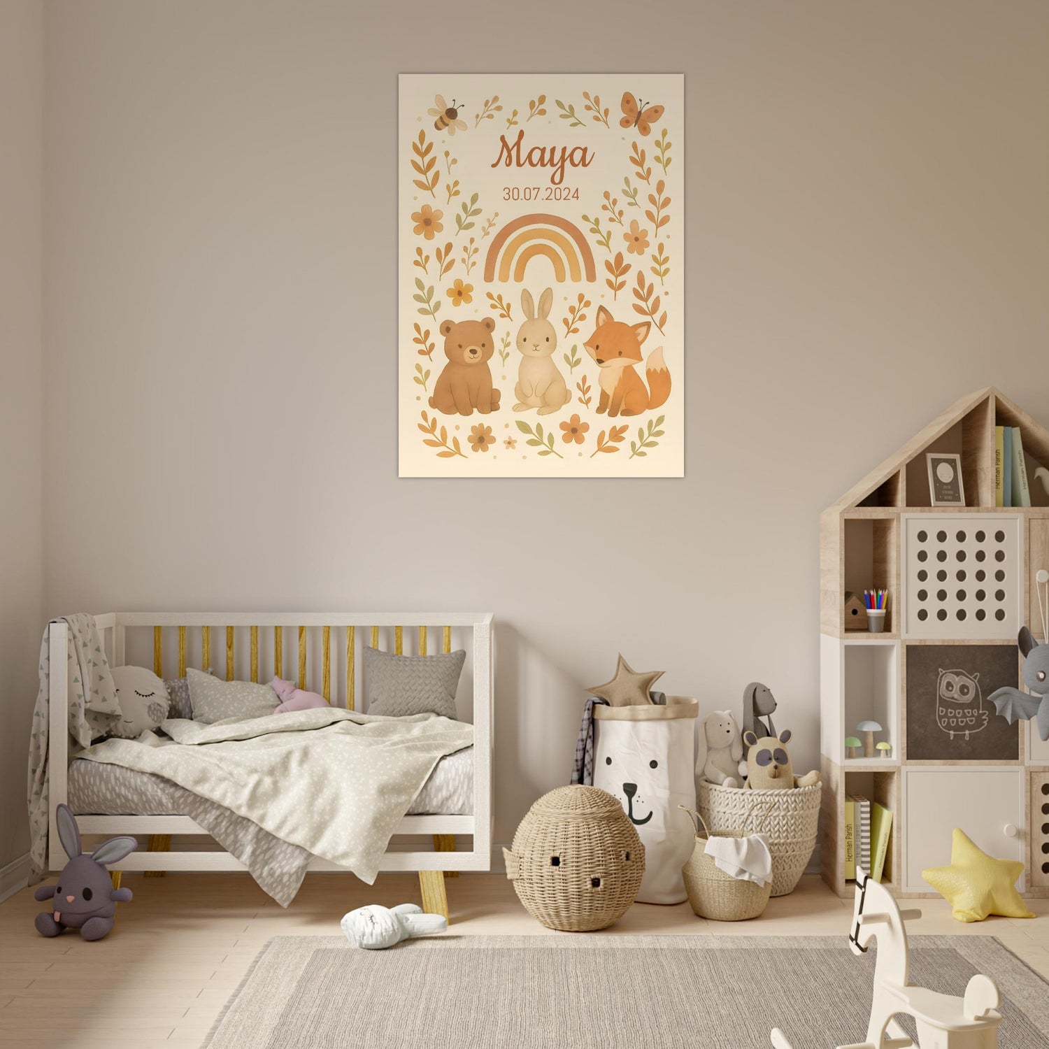 Personalized Rustic Woodland Rainbow Nursery Poster – Bear, Bunny & Fox with Floral Watercolor - Custom Kids Print