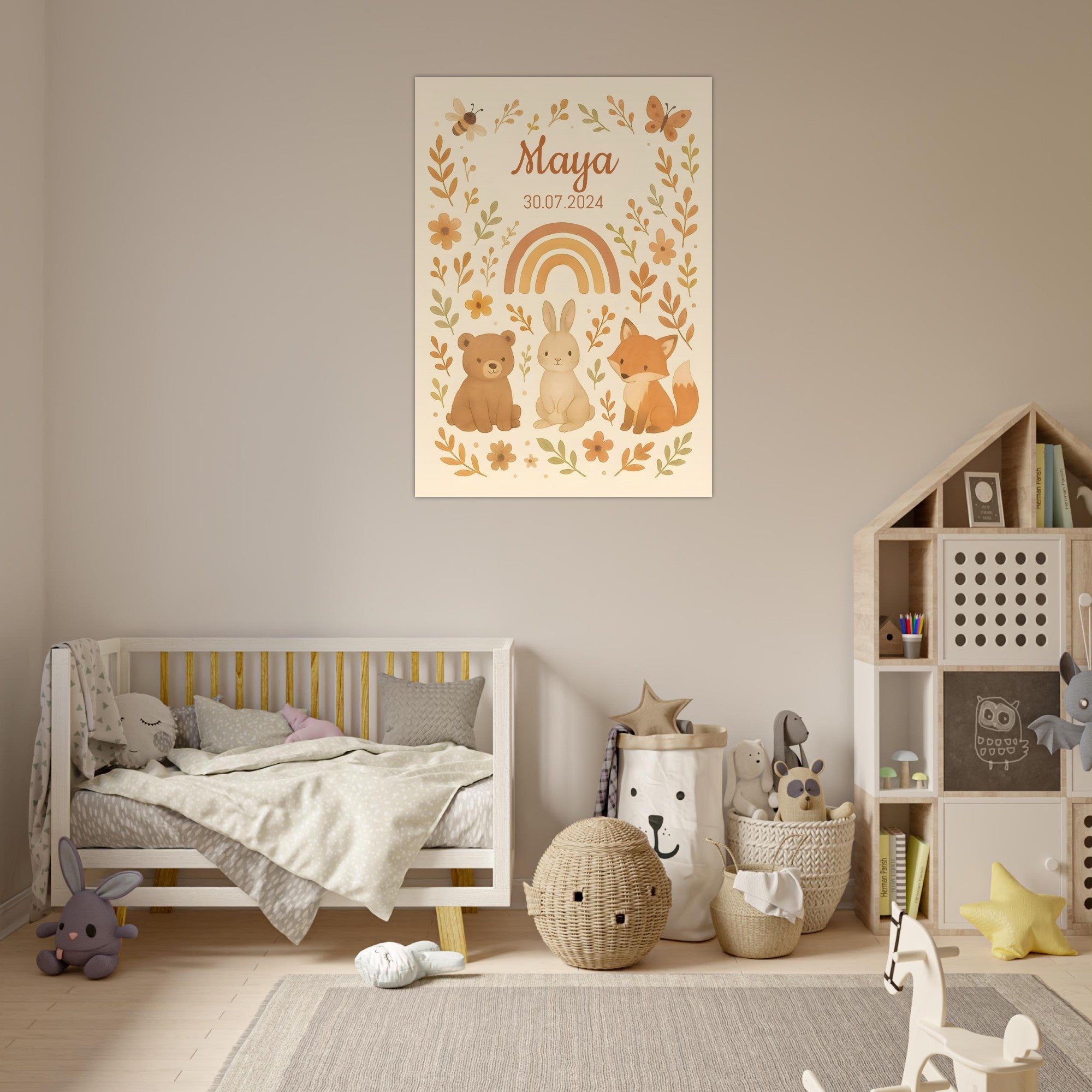Personalized Rustic Woodland Rainbow Nursery Poster – Bear, Bunny & Fox with Floral Watercolor - Custom Kids Print