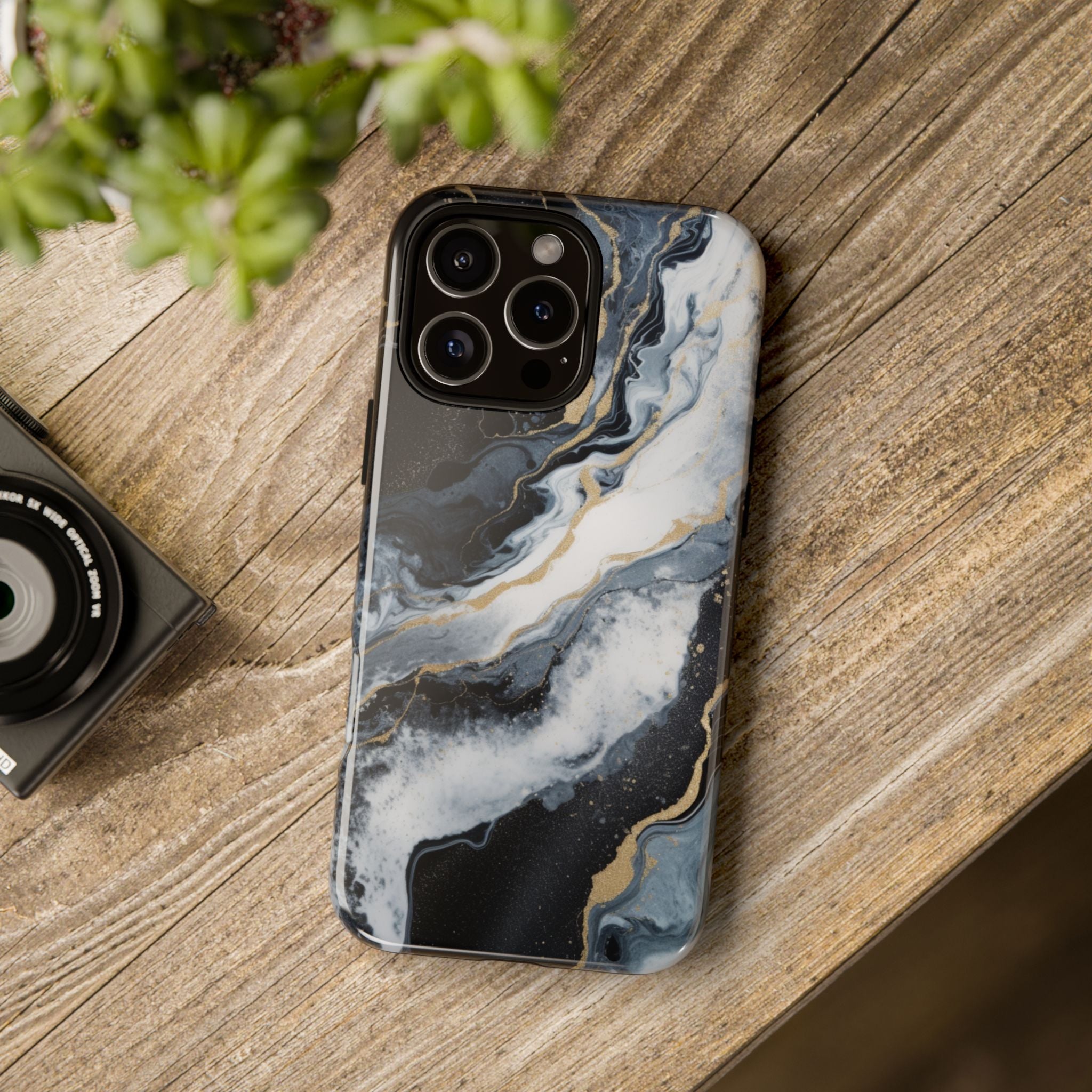 Celestial Marble Phone Case - Black & Gold Swirl Design