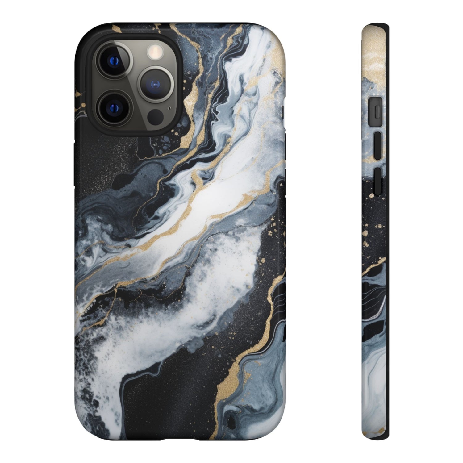Celestial Marble Phone Case - Black & Gold Swirl Design iPhone 12 Pro Max Glossy
