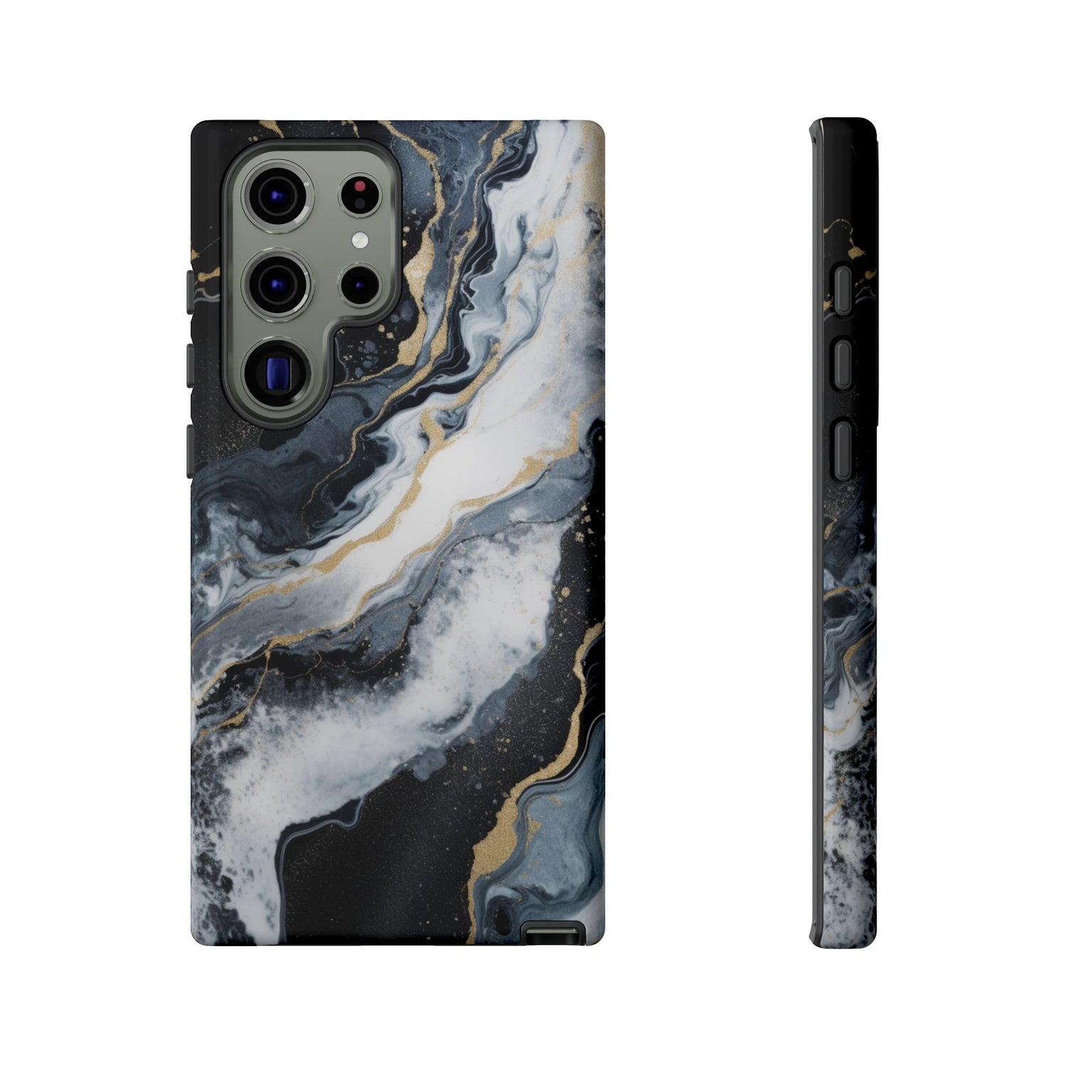 Celestial Marble Phone Case - Black & Gold Swirl Design Samsung Galaxy S23 Ultra Glossy