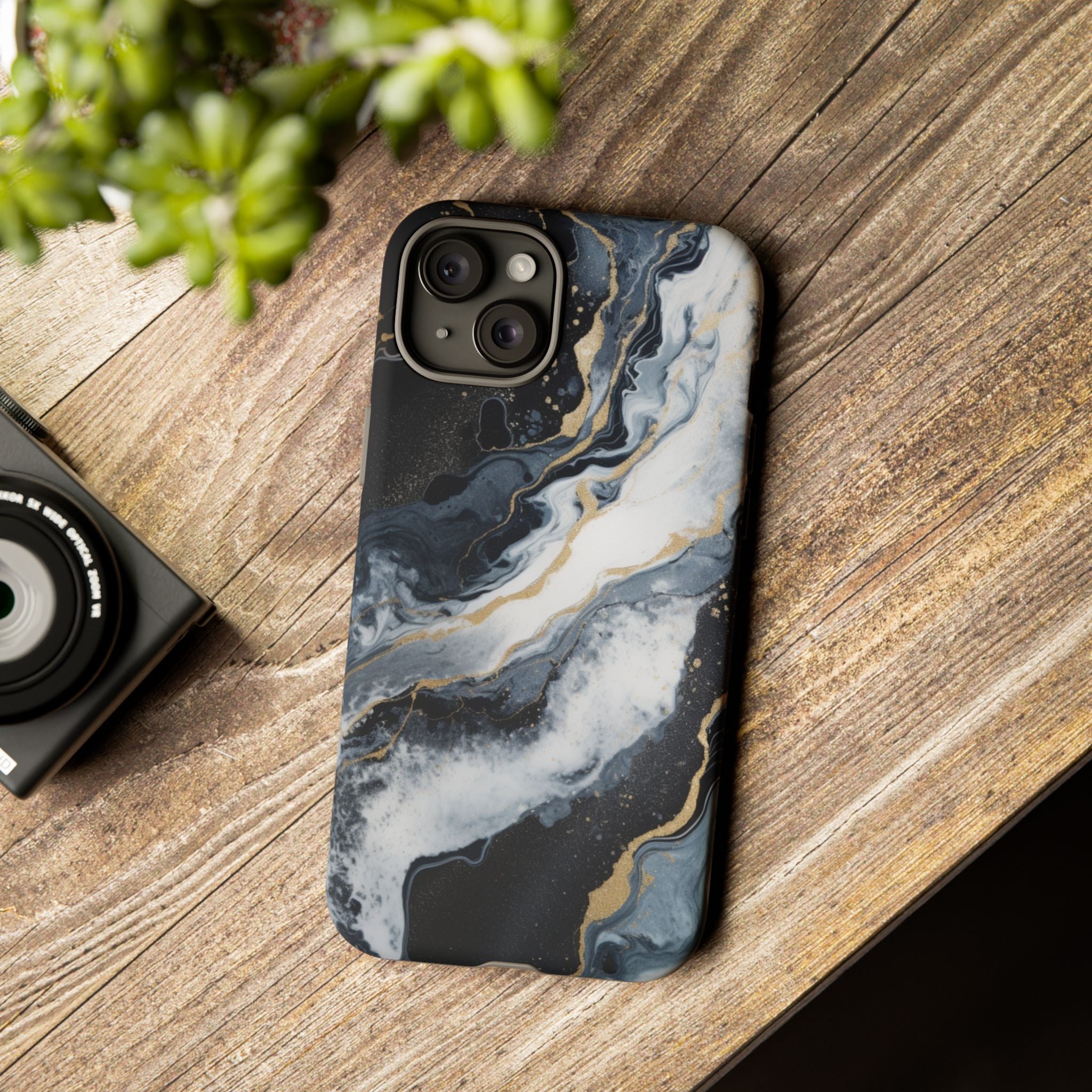 Celestial Marble Phone Case - Black & Gold Swirl Design