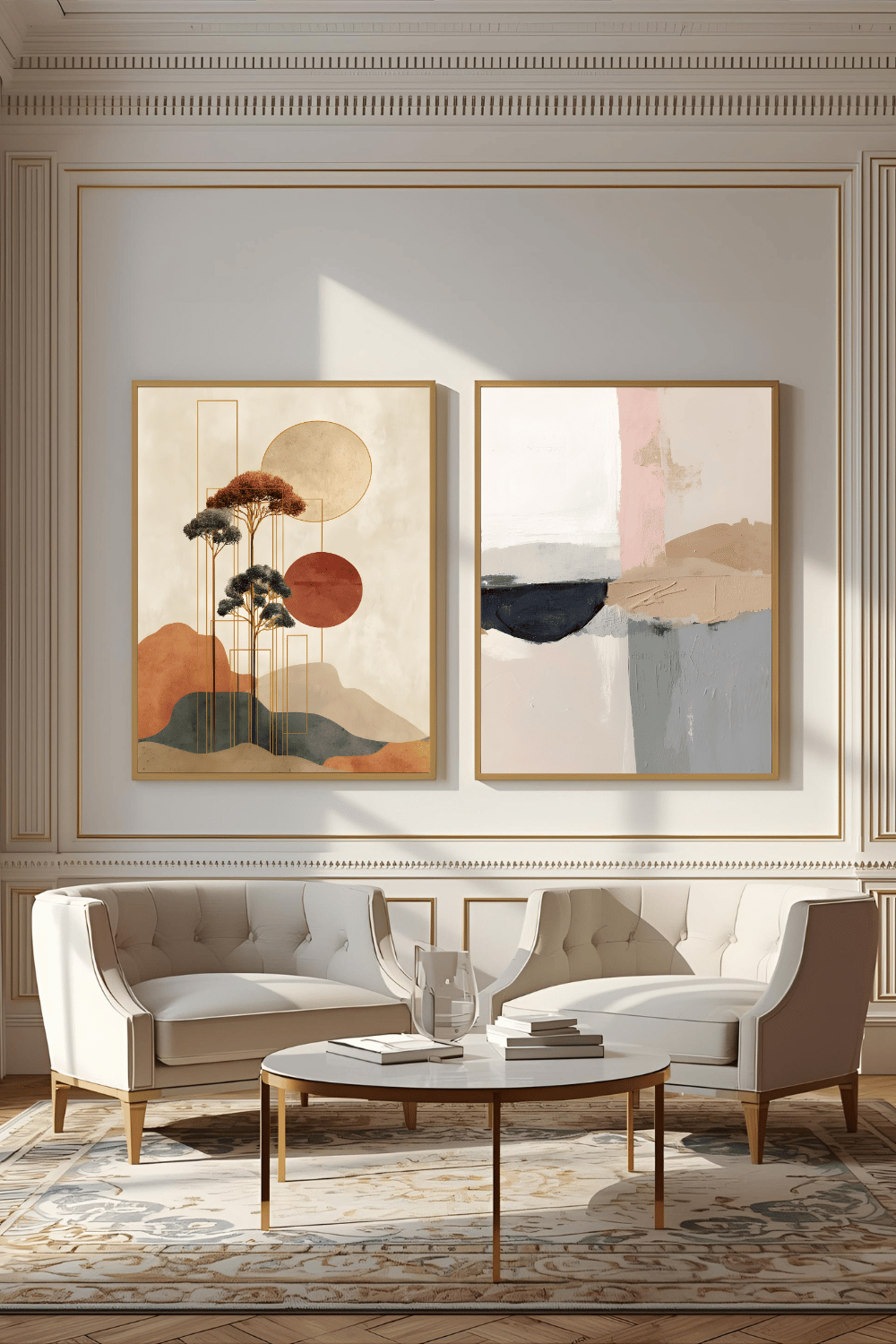 Minimalist Japanese Wall Art - Tranquil Abstract Landscape with Gold Accents