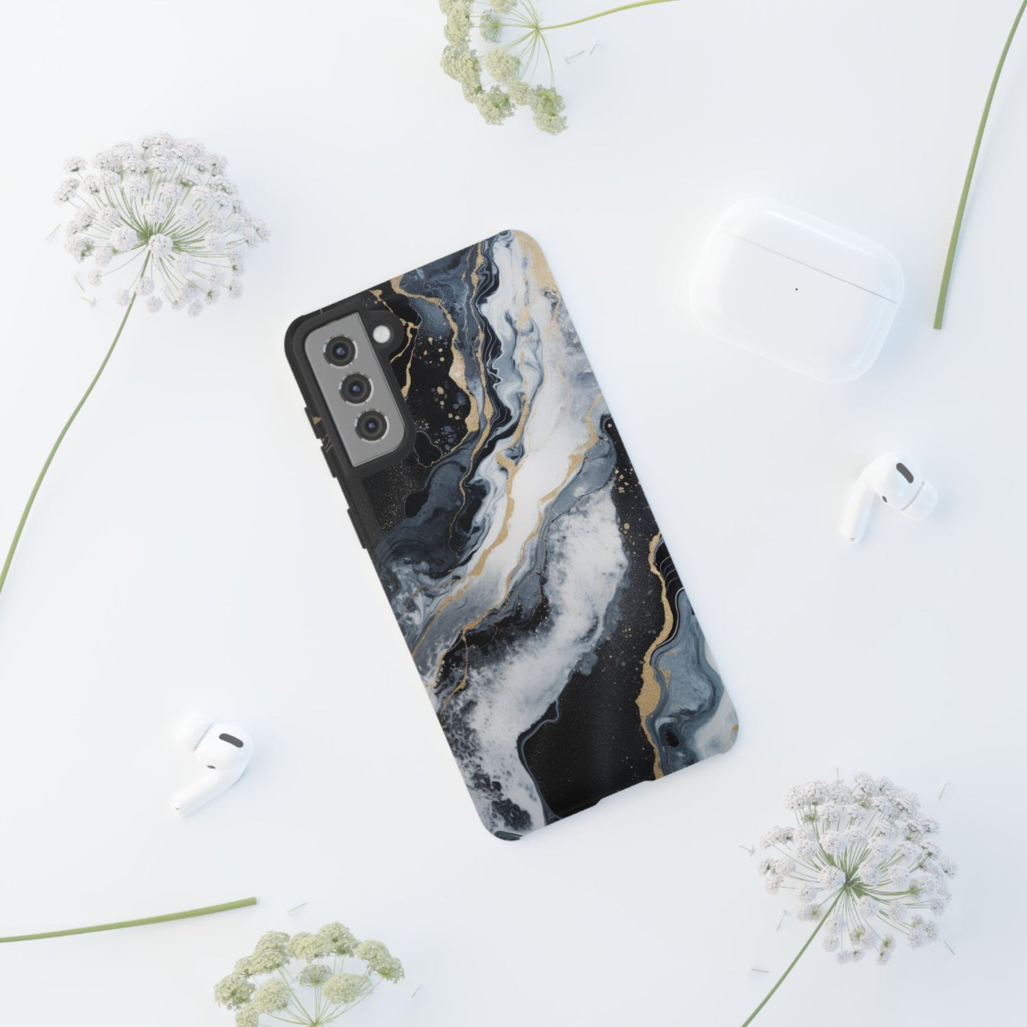 Celestial Marble Phone Case - Black & Gold Swirl Design
