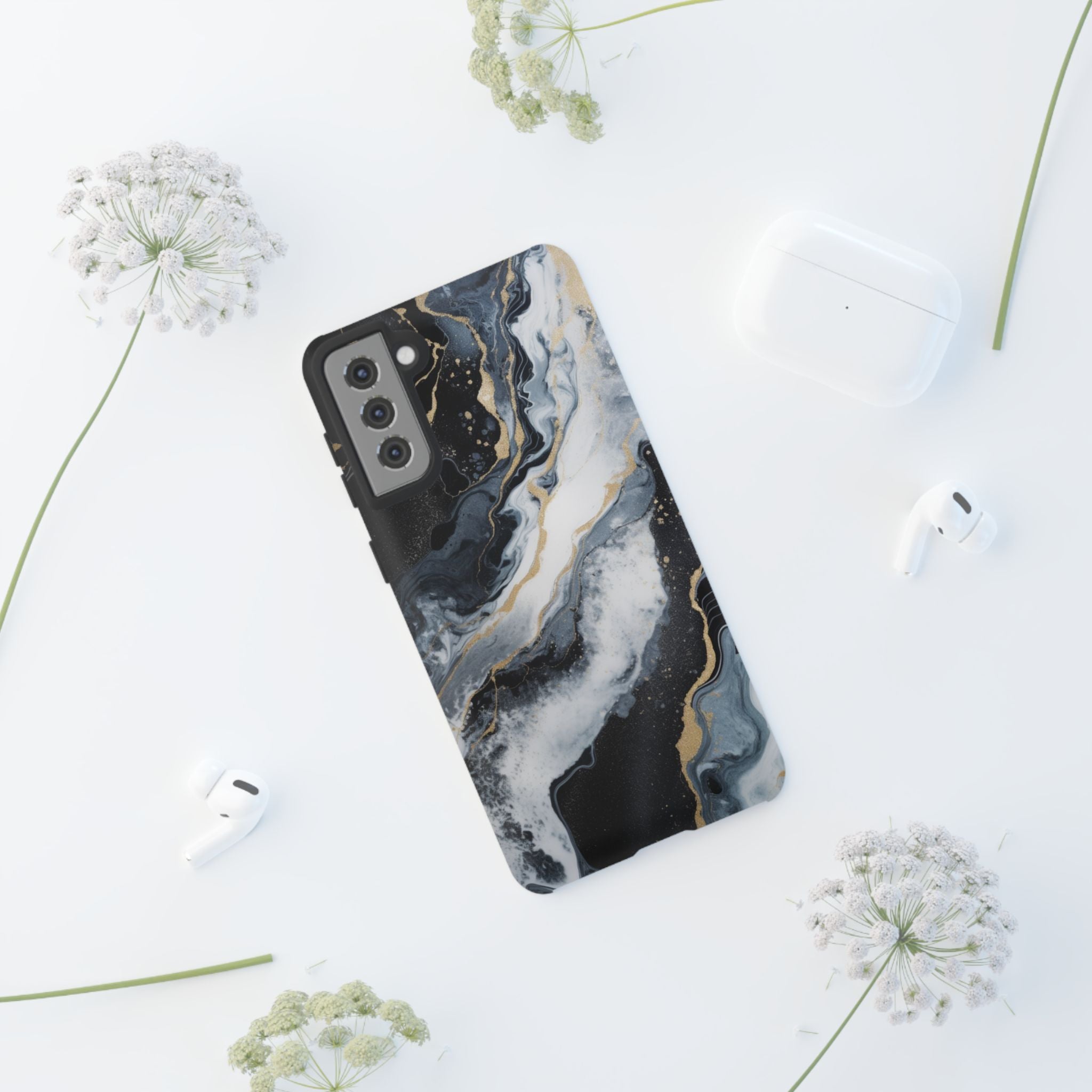 Celestial Marble Phone Case - Black & Gold Swirl Design