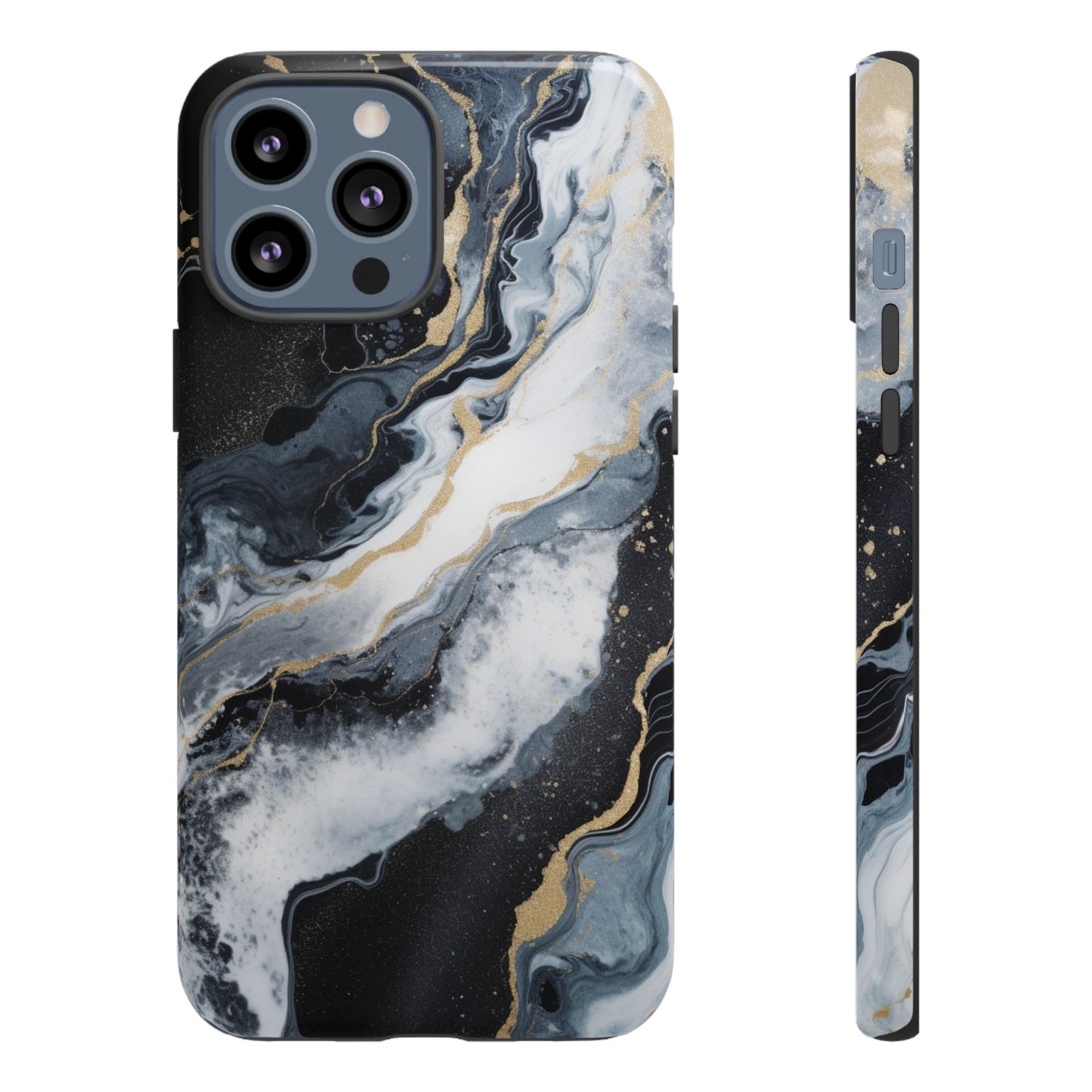 Celestial Marble Phone Case - Black & Gold Swirl Design iPhone 13 Pro Max Glossy