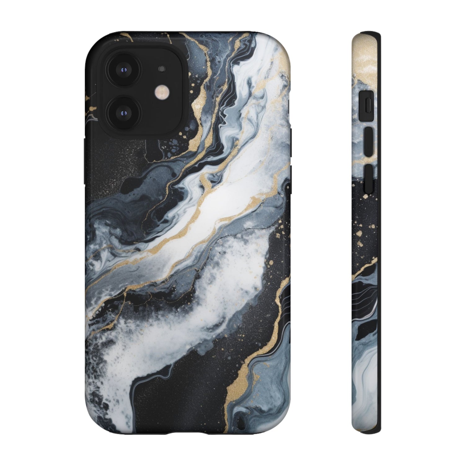 Celestial Marble Phone Case - Black & Gold Swirl Design iPhone 12 Glossy