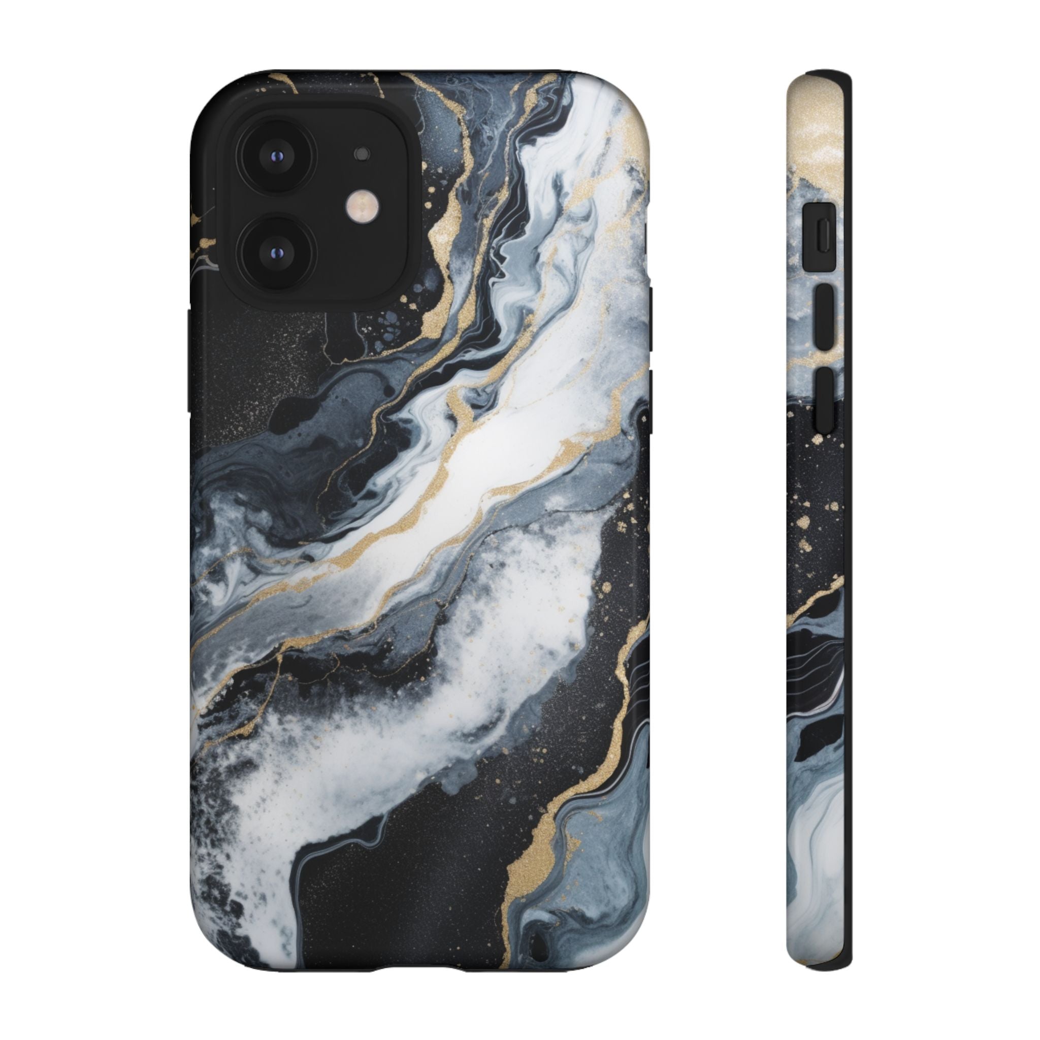 Celestial Marble Phone Case - Black & Gold Swirl Design iPhone 12 Glossy