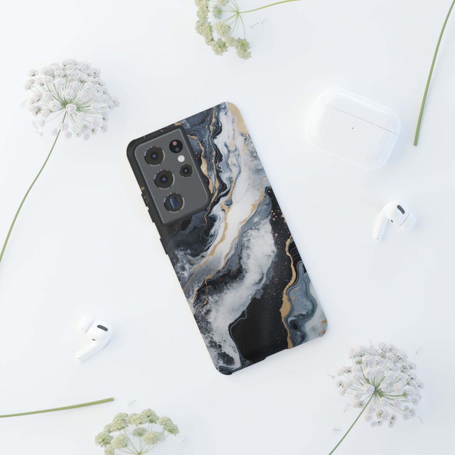 Celestial Marble Phone Case - Black & Gold Swirl Design