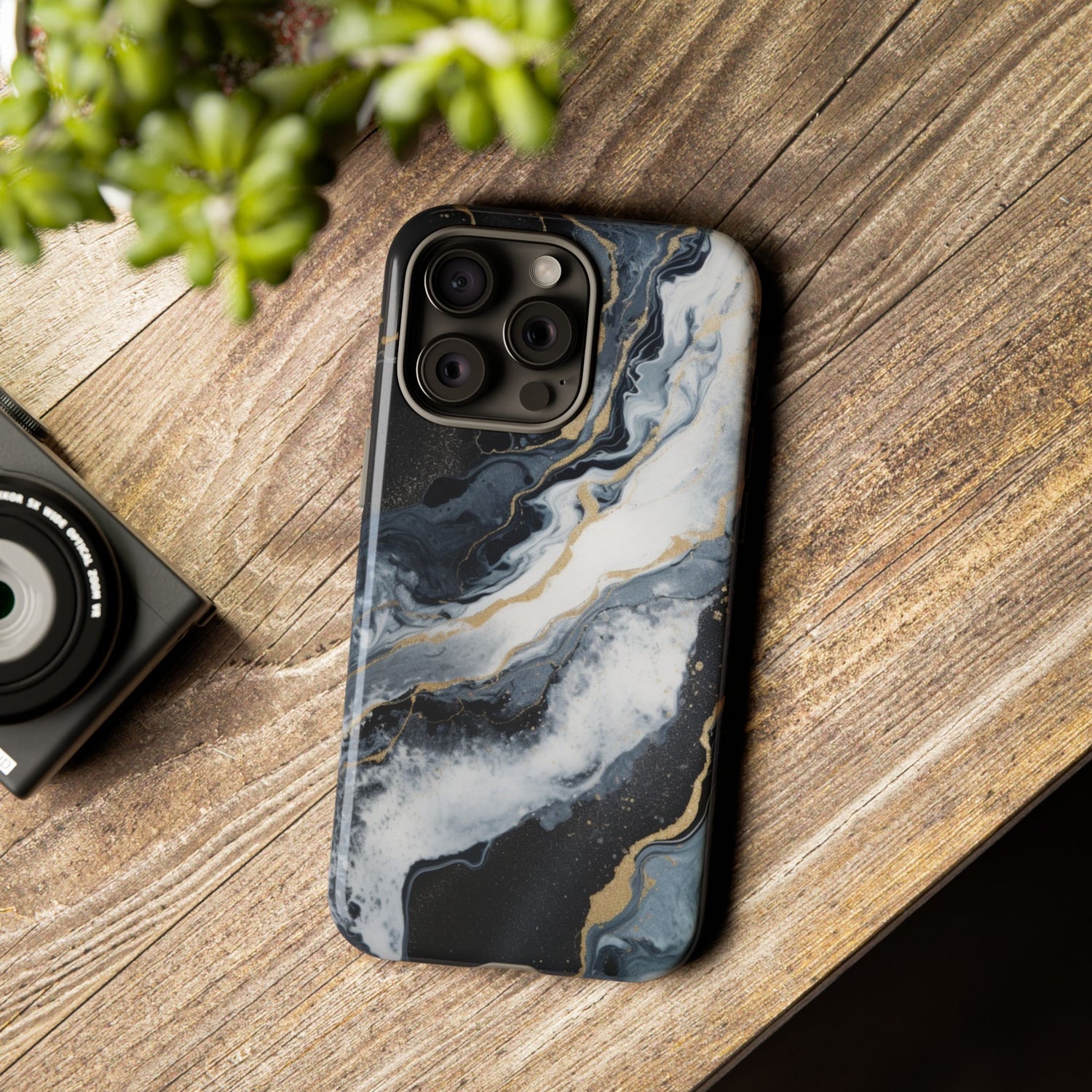 Celestial Marble Phone Case - Black & Gold Swirl Design