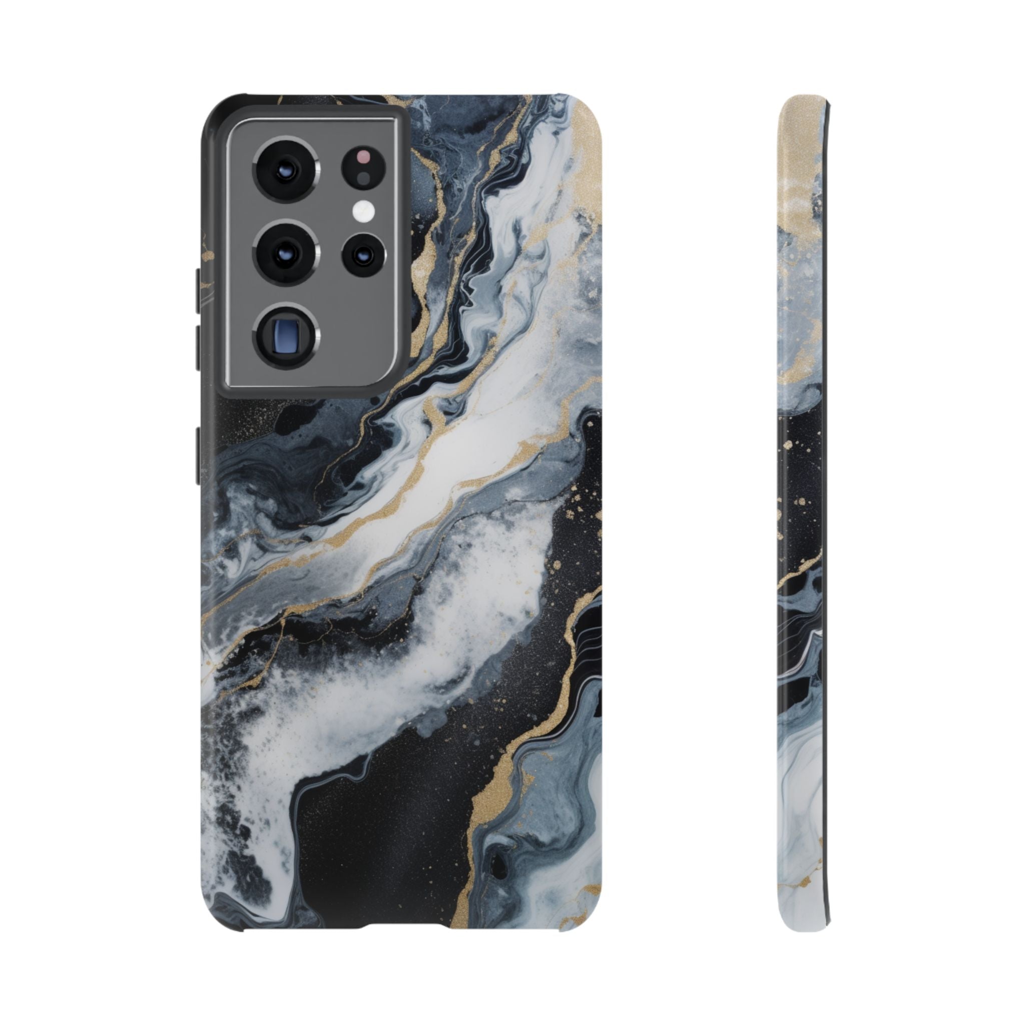 Celestial Marble Phone Case - Black & Gold Swirl Design Samsung Galaxy S21 Ultra Glossy