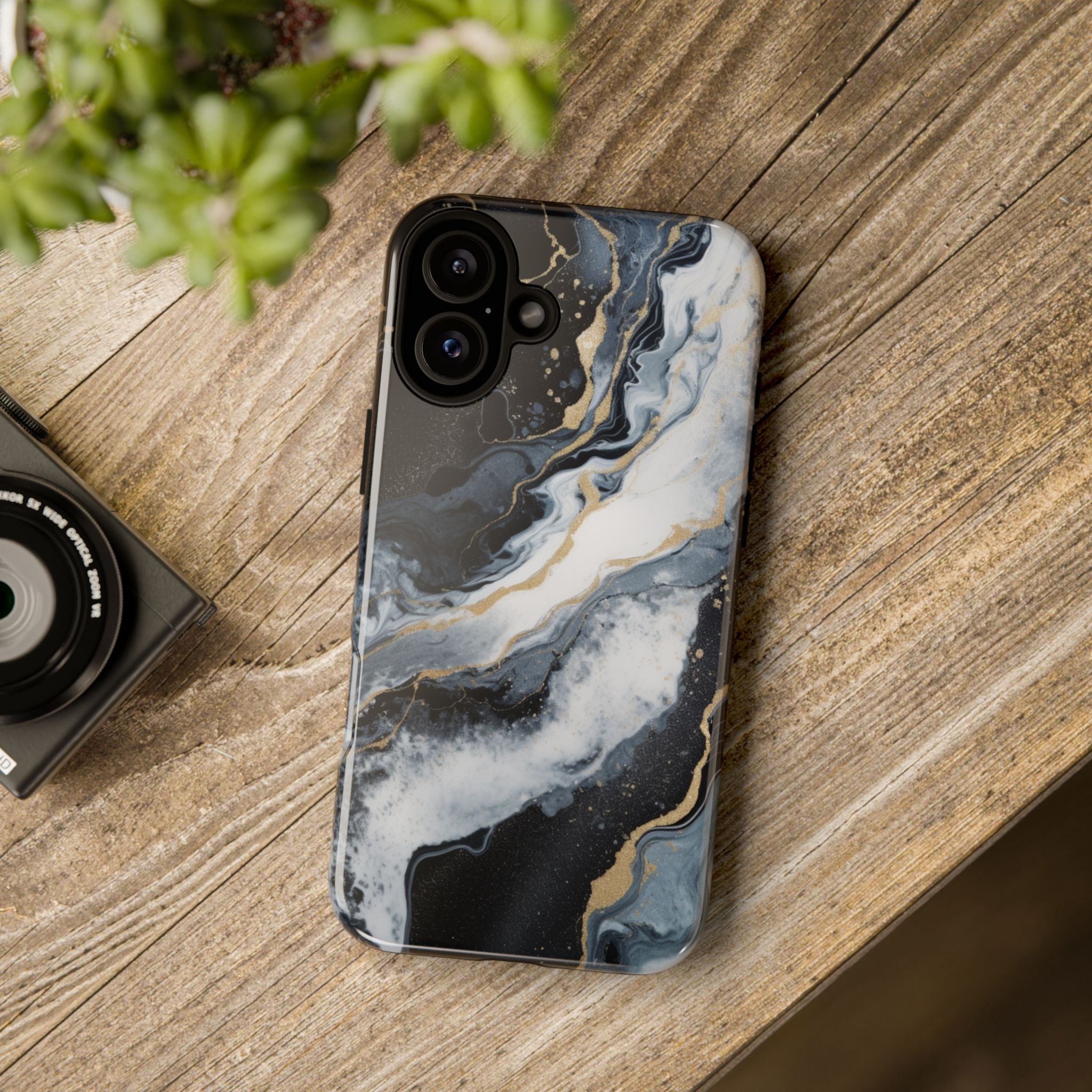 Celestial Marble Phone Case - Black & Gold Swirl Design
