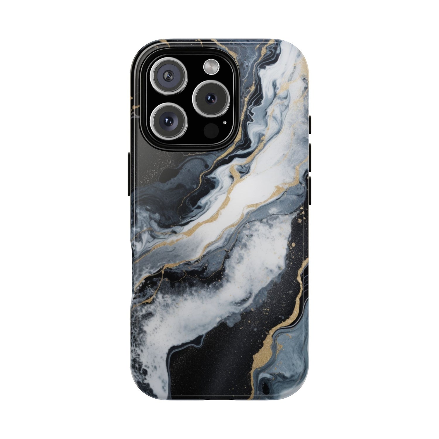 Celestial Marble Phone Case - Black & Gold Swirl Design iPhone 16 Pro Glossy