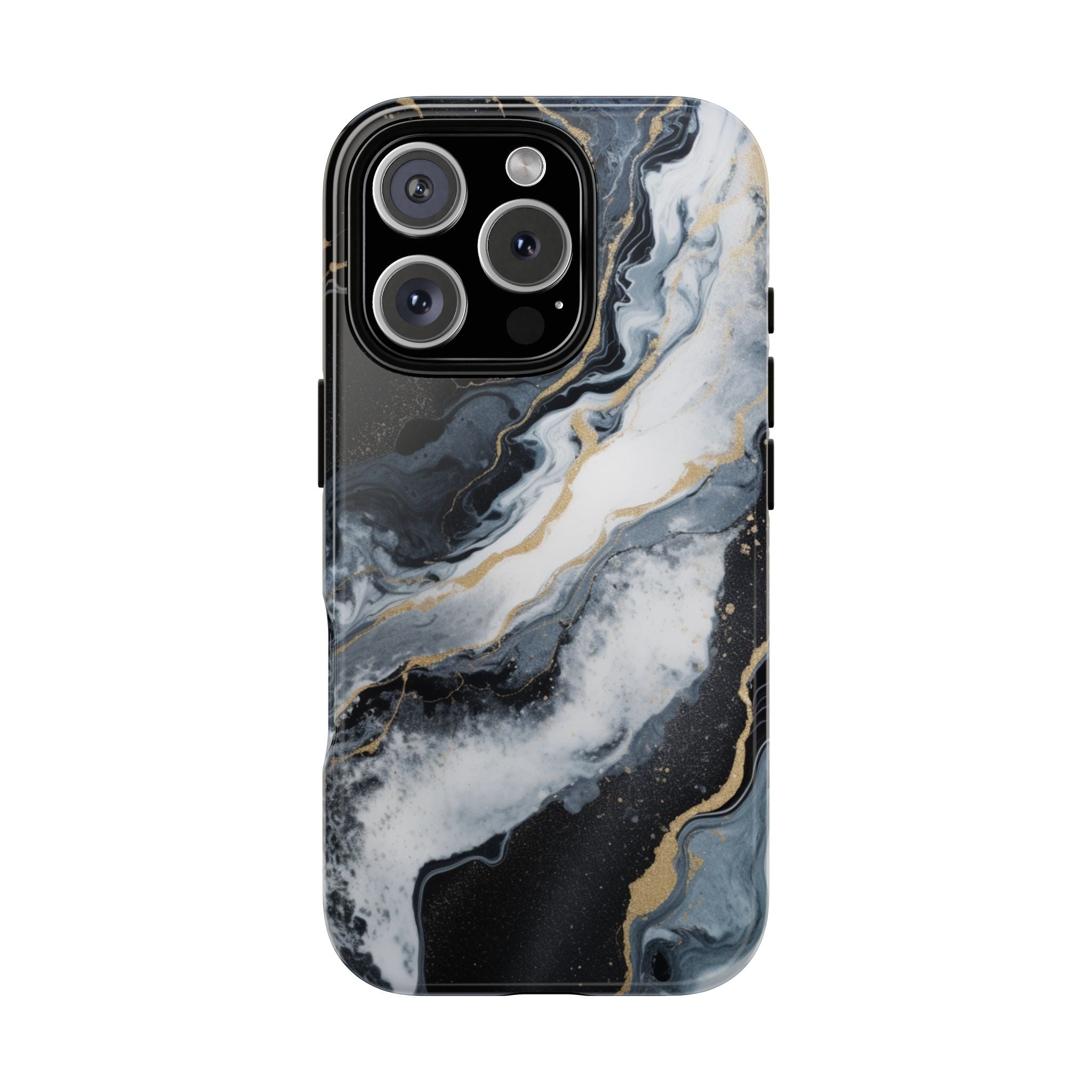 Celestial Marble Phone Case - Black & Gold Swirl Design iPhone 16 Pro Glossy