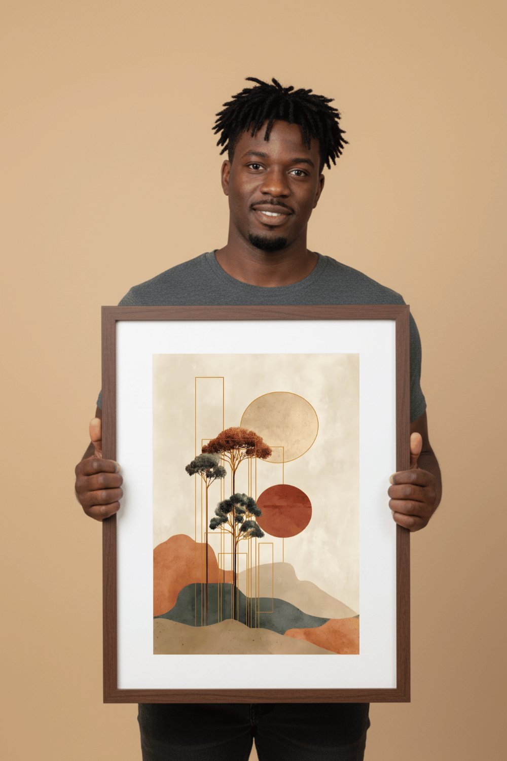 Minimalist Japanese Wall Art - Tranquil Abstract Landscape with Gold Accents