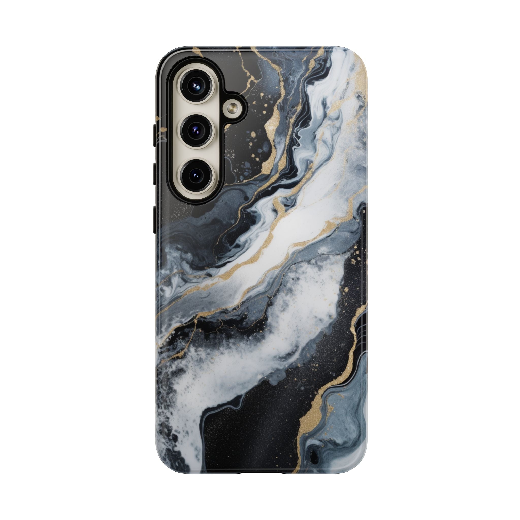 Celestial Marble Phone Case - Black & Gold Swirl Design Samsung Galaxy S24 Plus Glossy