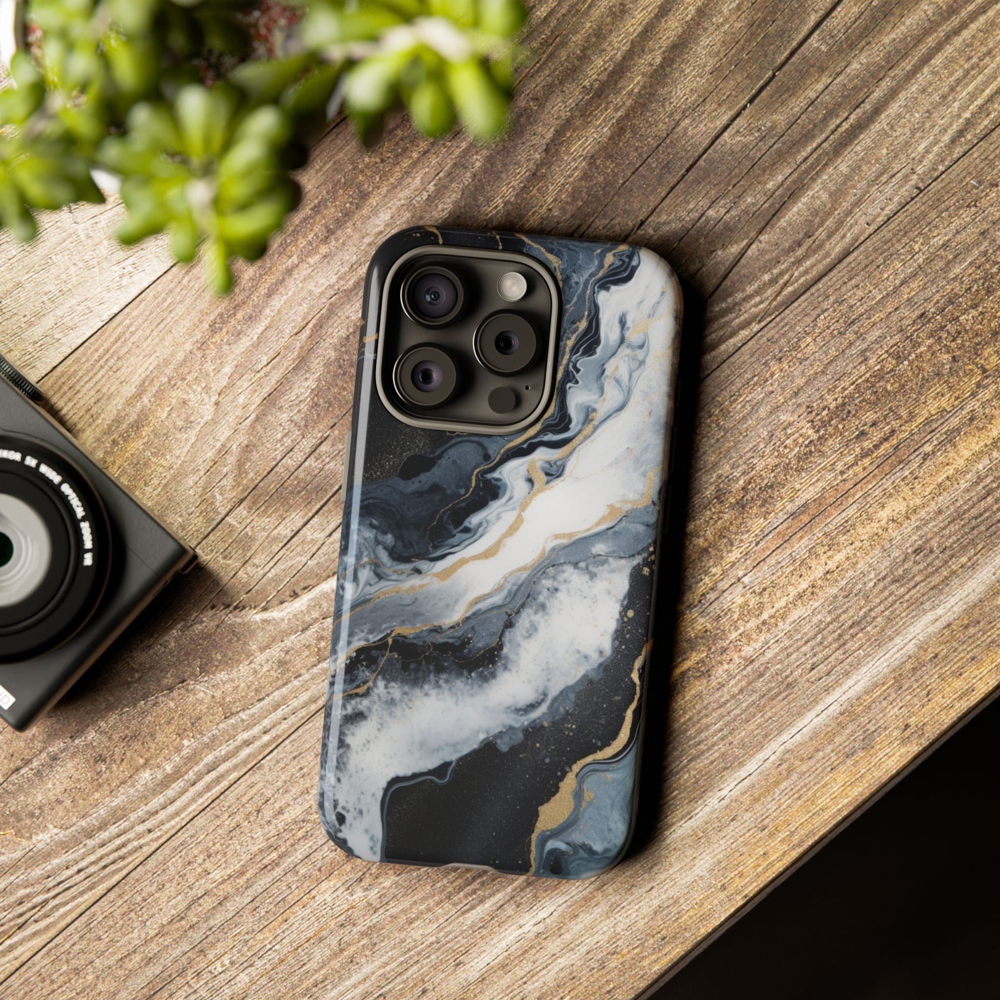 Celestial Marble Phone Case - Black & Gold Swirl Design