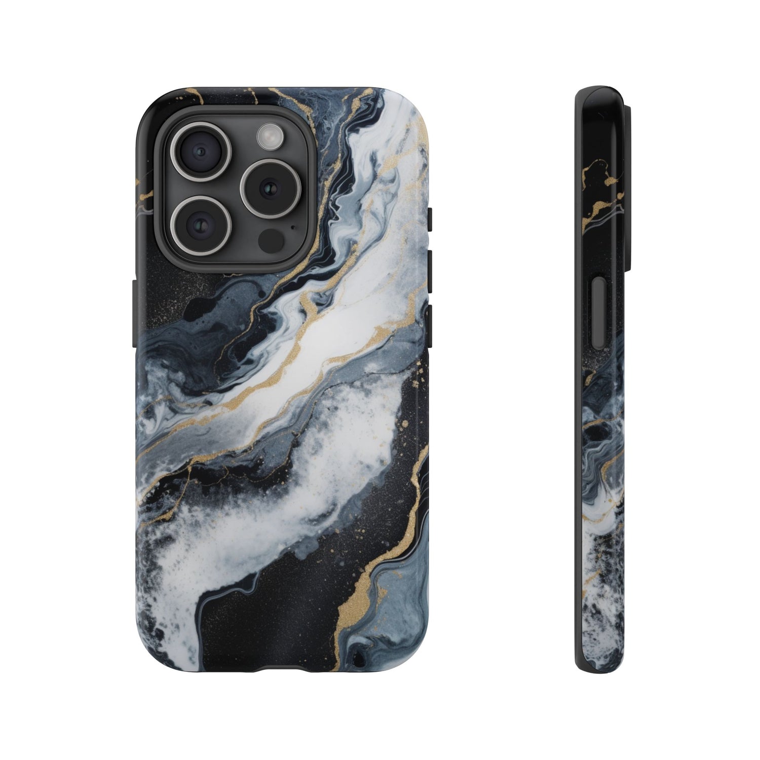Celestial Marble Phone Case - Black & Gold Swirl Design iPhone 15 Pro Glossy