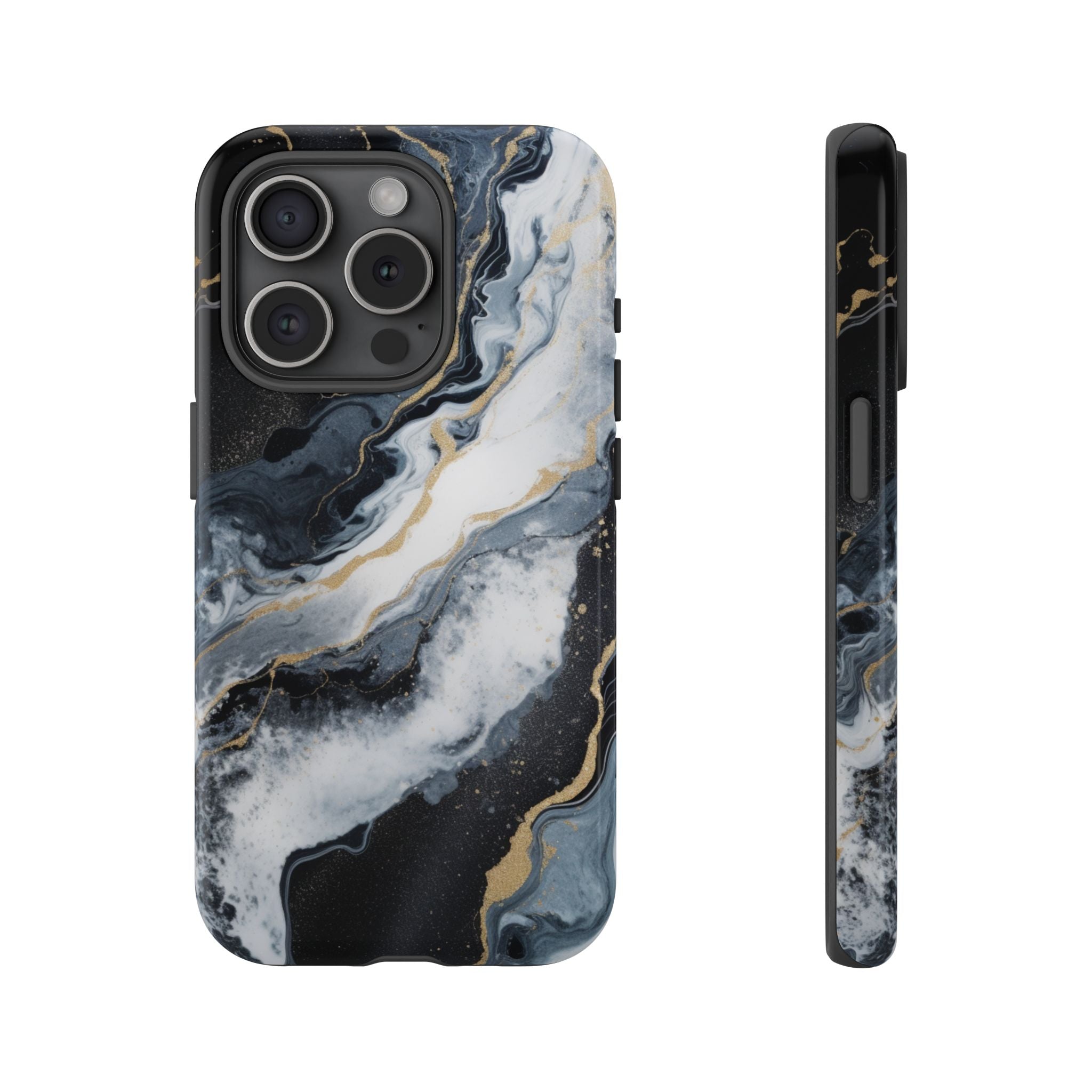 Celestial Marble Phone Case - Black & Gold Swirl Design iPhone 15 Pro Glossy