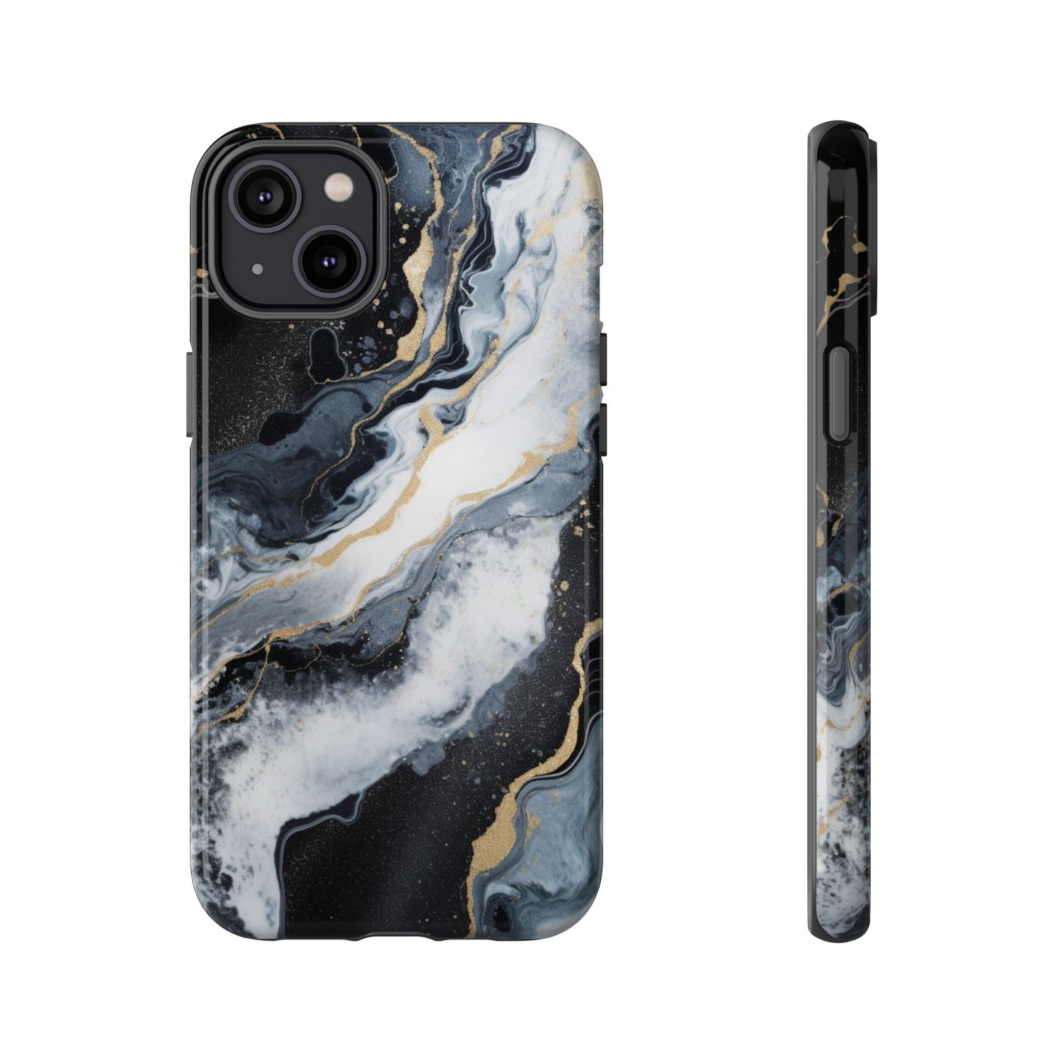 Celestial Marble Phone Case - Black & Gold Swirl Design iPhone 14 Plus Glossy
