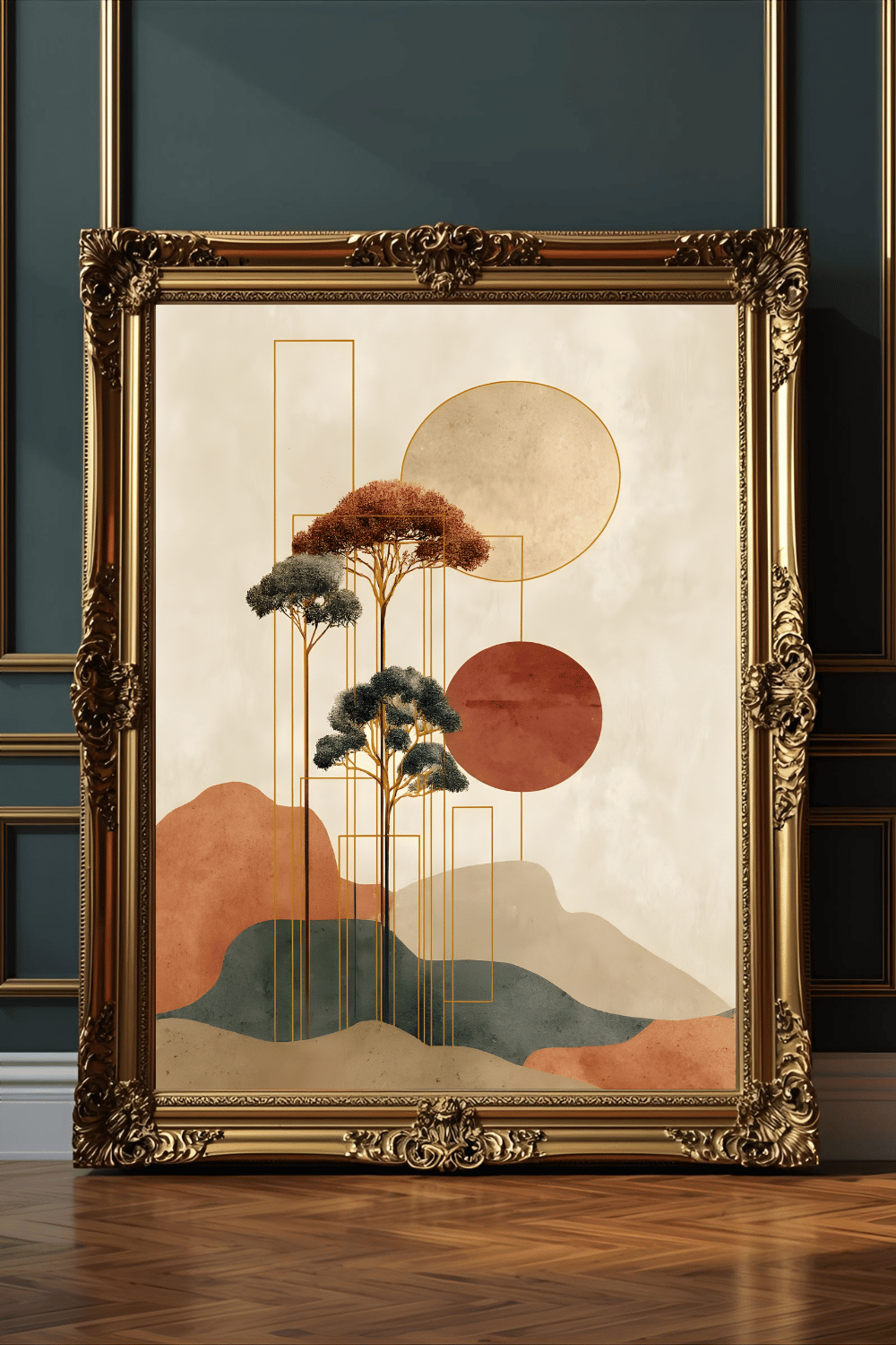Minimalist Japanese Wall Art - Tranquil Abstract Landscape with Gold Accents