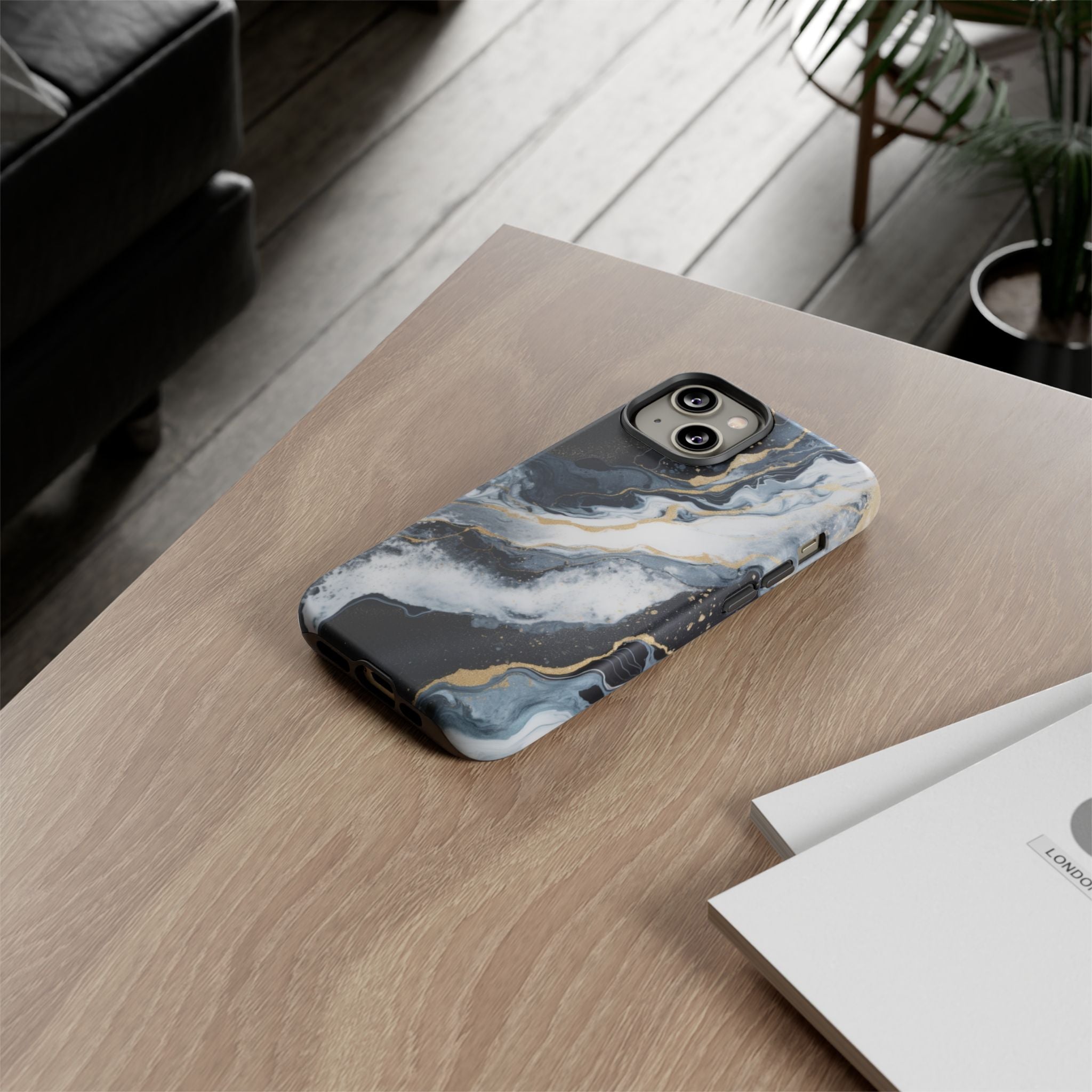 Celestial Marble Phone Case - Black & Gold Swirl Design