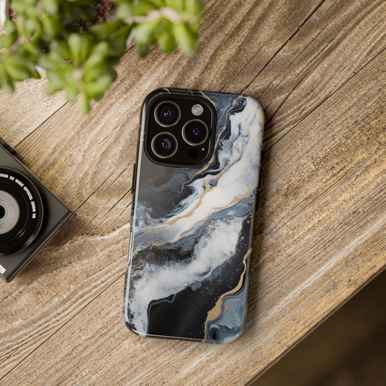 Celestial Marble Phone Case - Black & Gold Swirl Design