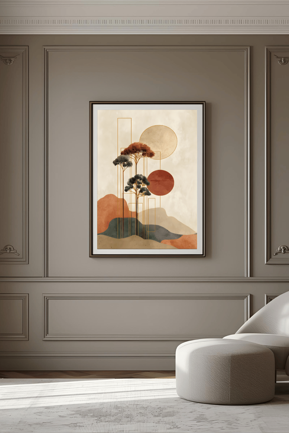 Minimalist Japanese Wall Art - Tranquil Abstract Landscape with Gold Accents