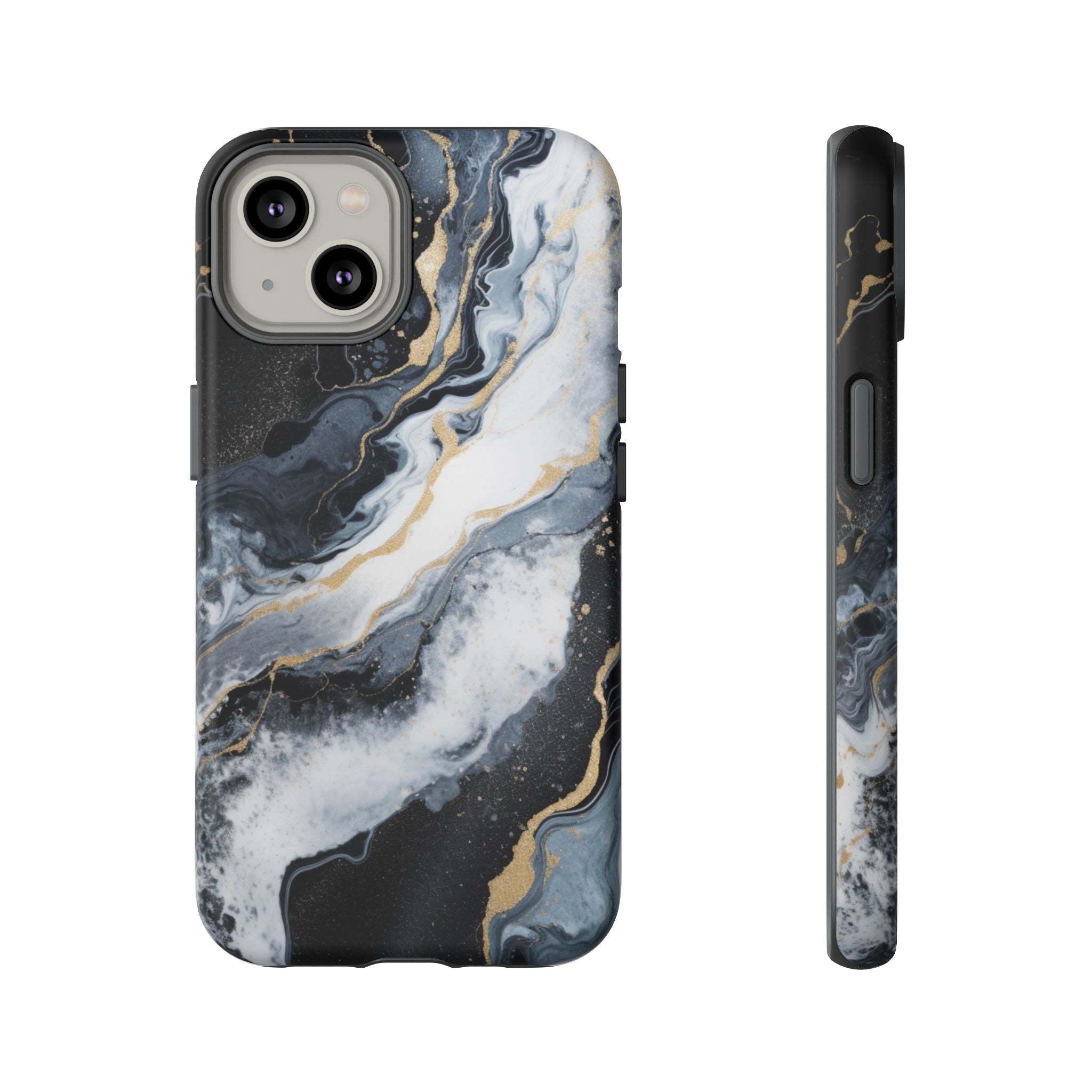 Celestial Marble Phone Case - Black & Gold Swirl Design iPhone 14 Matte