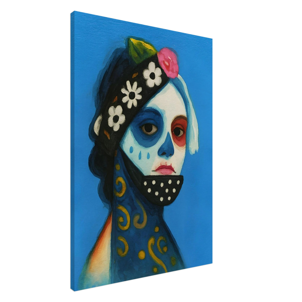 Day of the Dead Watercolor Canvas, Día de los Muertos Masked Woman Wall Art, Mexican Folk Art A3 Print, Skeleton Face Painting Slim Canvas 70x100 cm 28x40″
