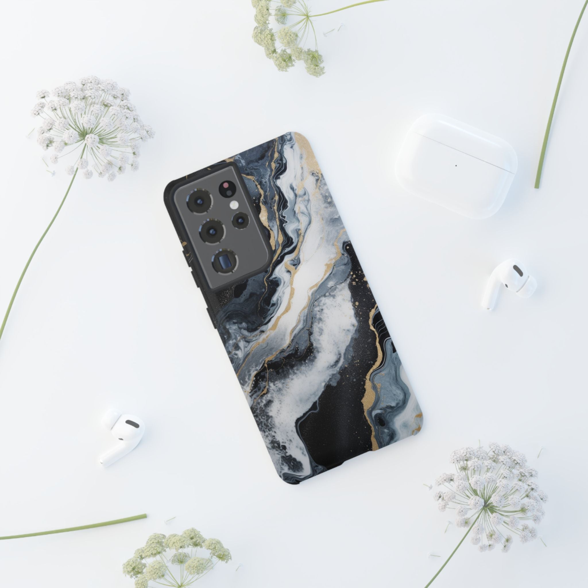 Celestial Marble Phone Case - Black & Gold Swirl Design