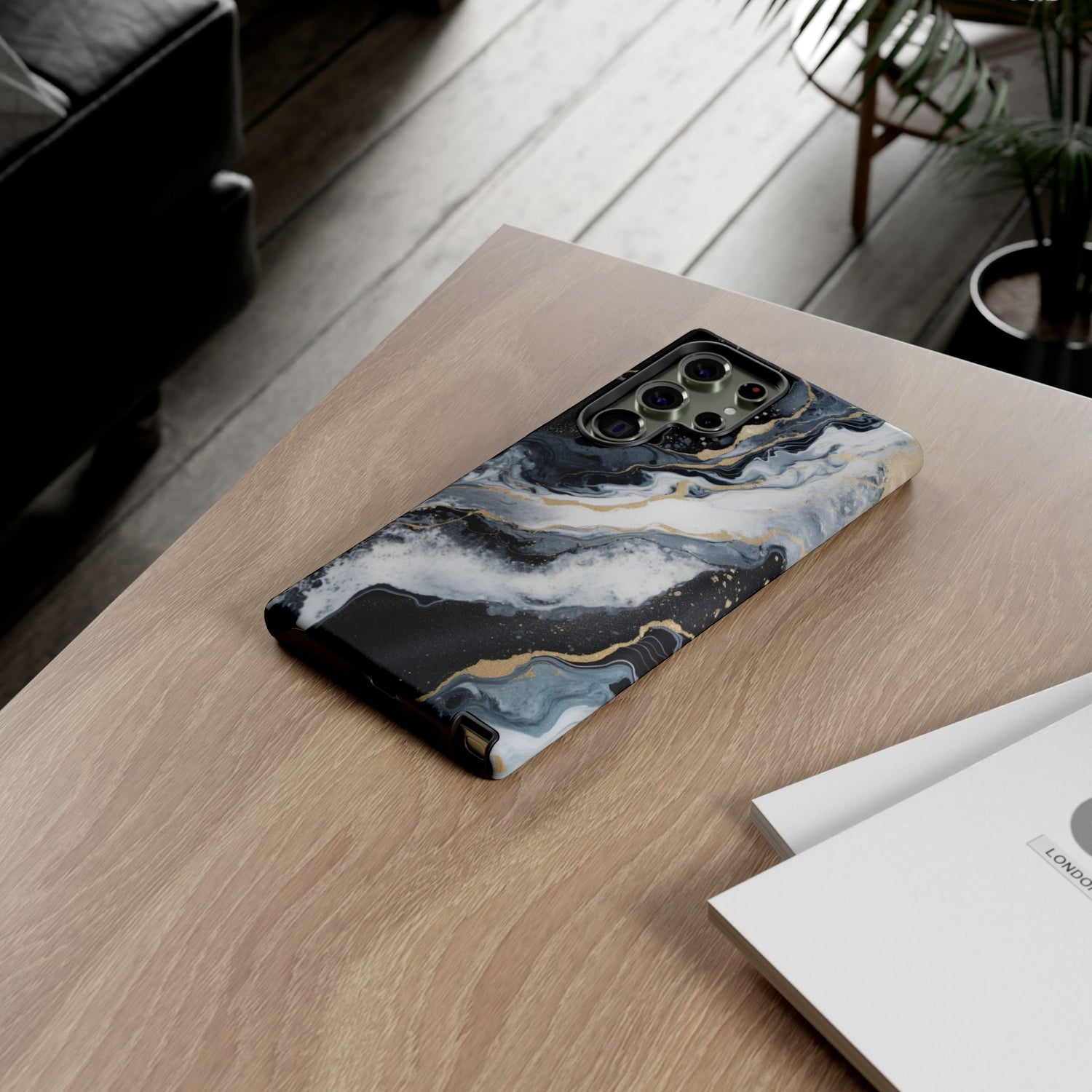 Celestial Marble Phone Case - Black & Gold Swirl Design