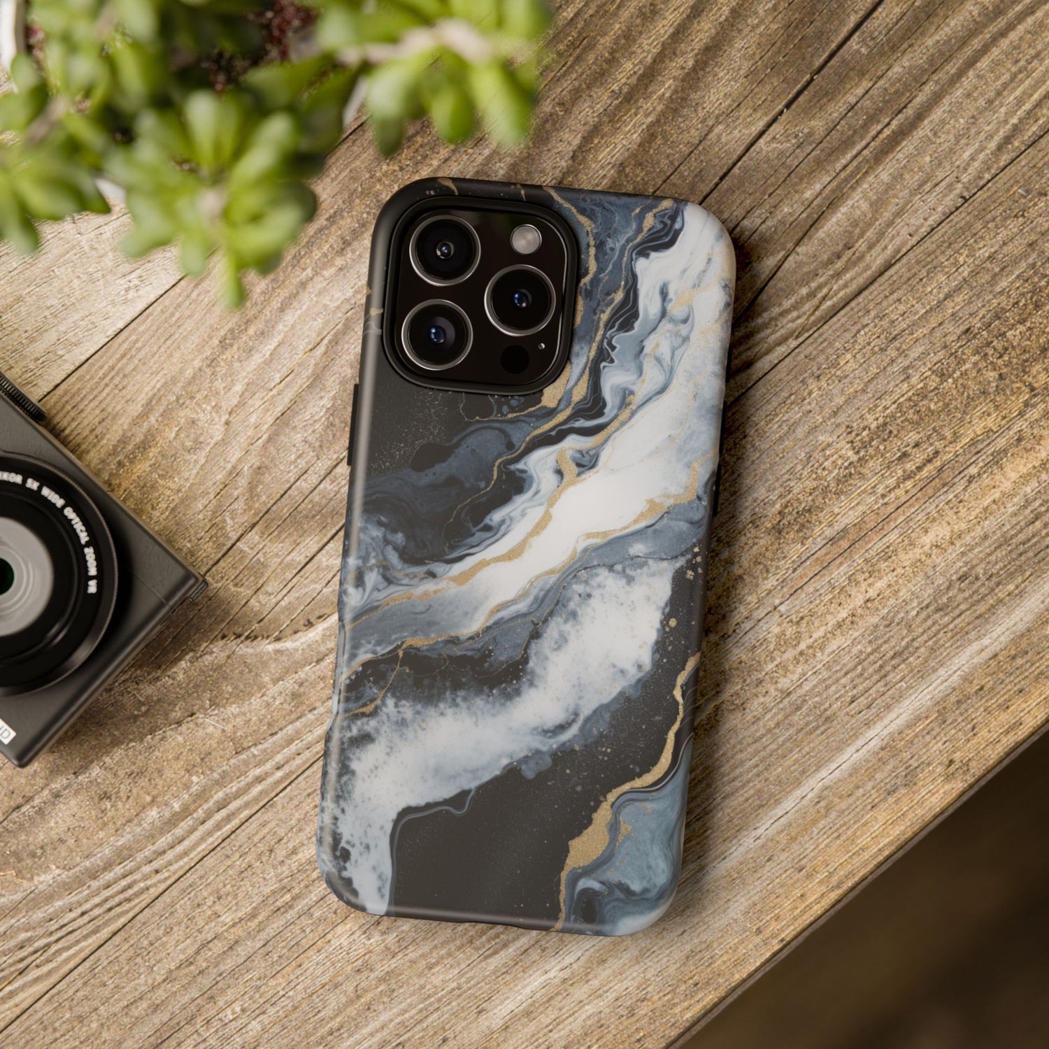 Celestial Marble Phone Case - Black & Gold Swirl Design