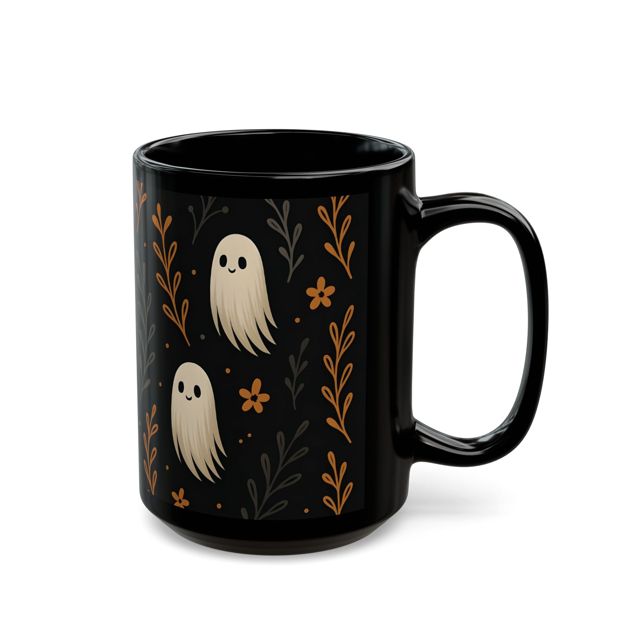 Cute Ghost Floral Black Mug - Halloween Coffee Cup | Spooky Kawaii Ceramic Mug Gift for Tea & Coffee Lovers 15oz