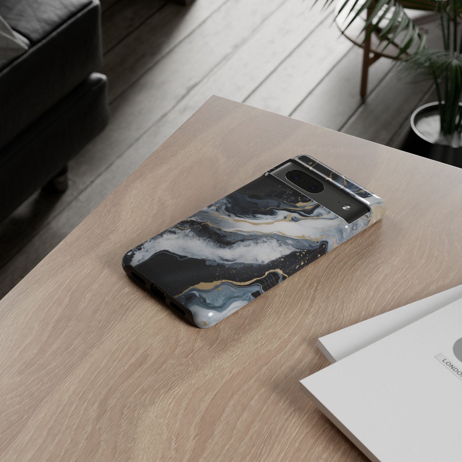 Celestial Marble Phone Case - Black & Gold Swirl Design