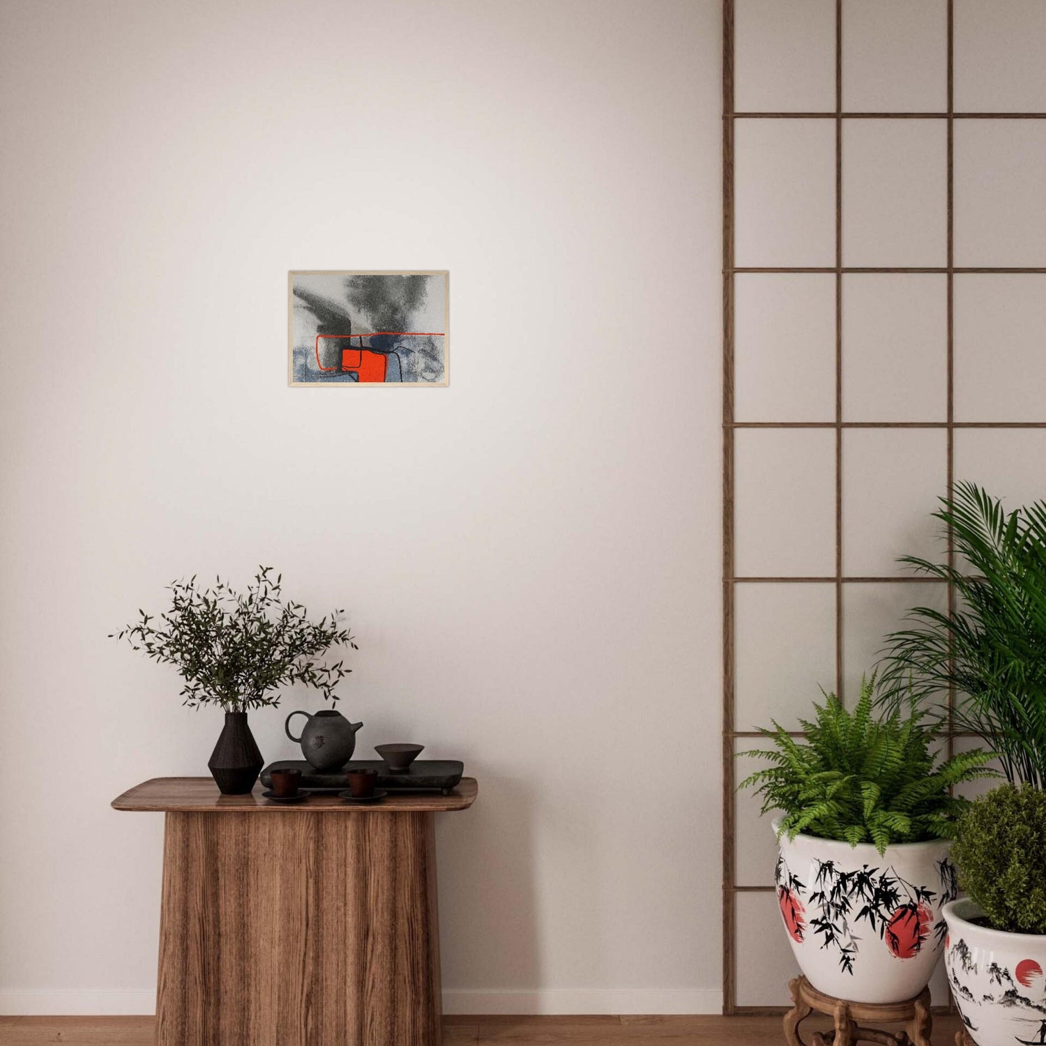 Urban Ember – Abstract Expressionist Print with Red Accents, Modern Art Poster, Moody Watercolor - Matte Wooden Framed