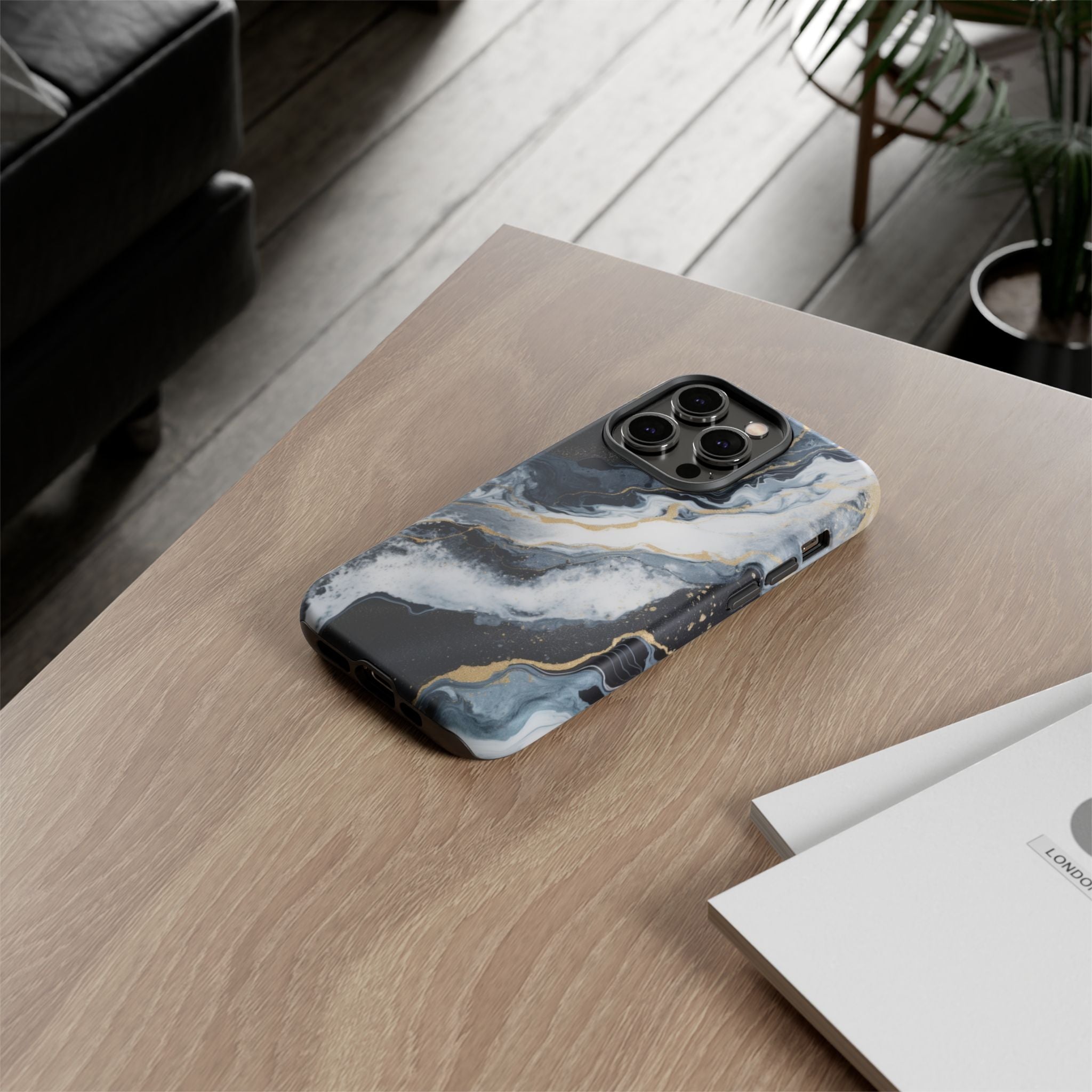 Celestial Marble Phone Case - Black & Gold Swirl Design