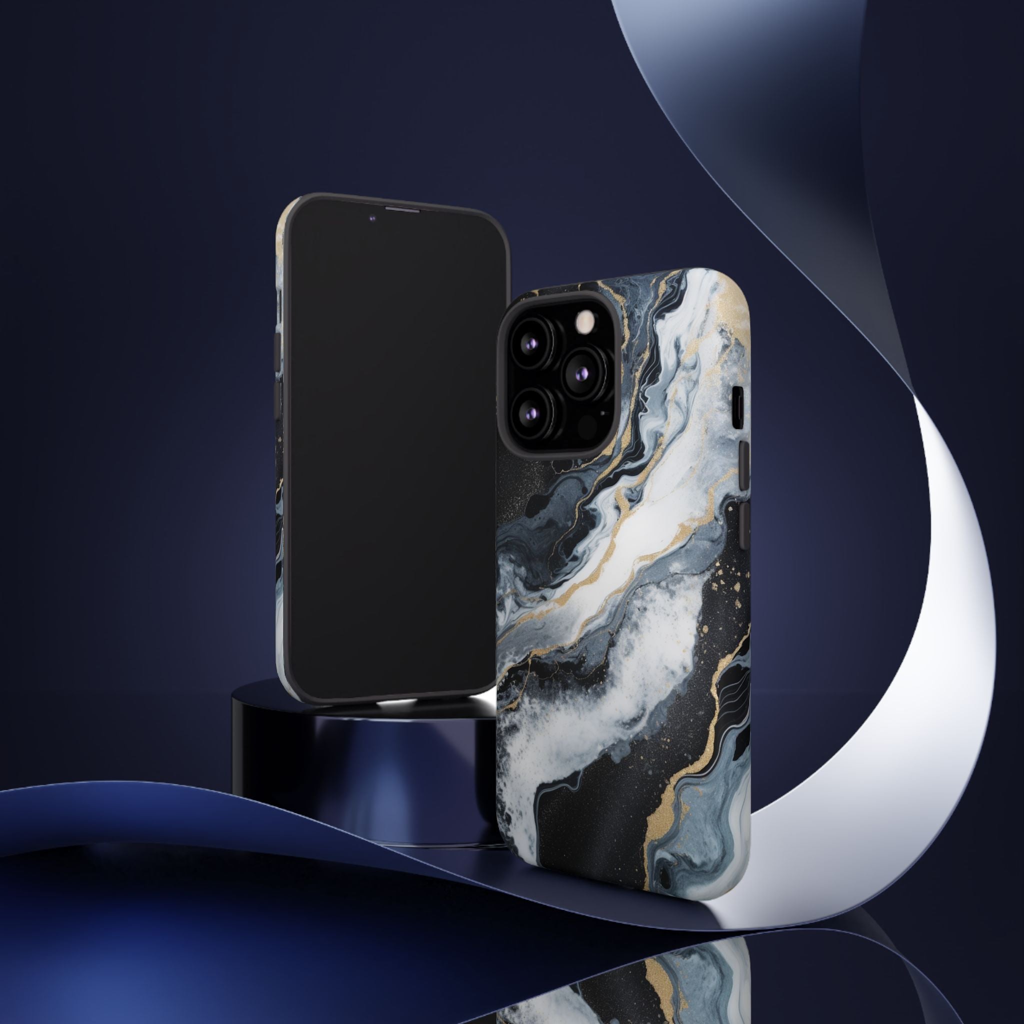 Celestial Marble Phone Case - Black & Gold Swirl Design