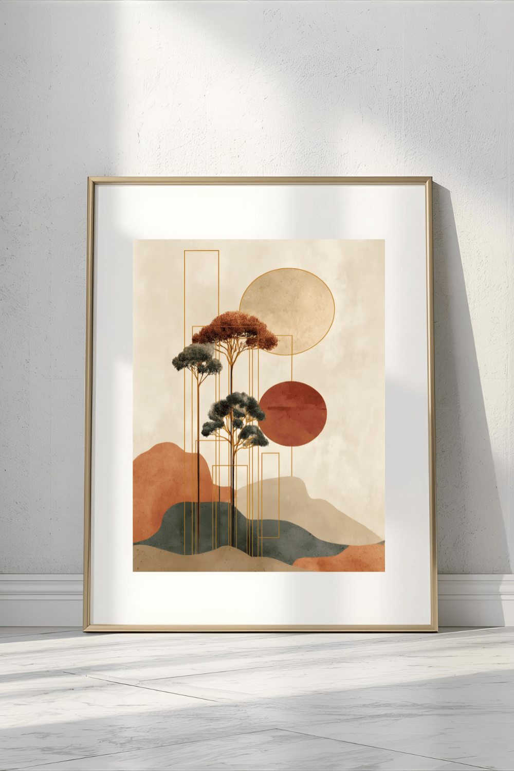 Minimalist Japanese Wall Art - Tranquil Abstract Landscape with Gold Accents