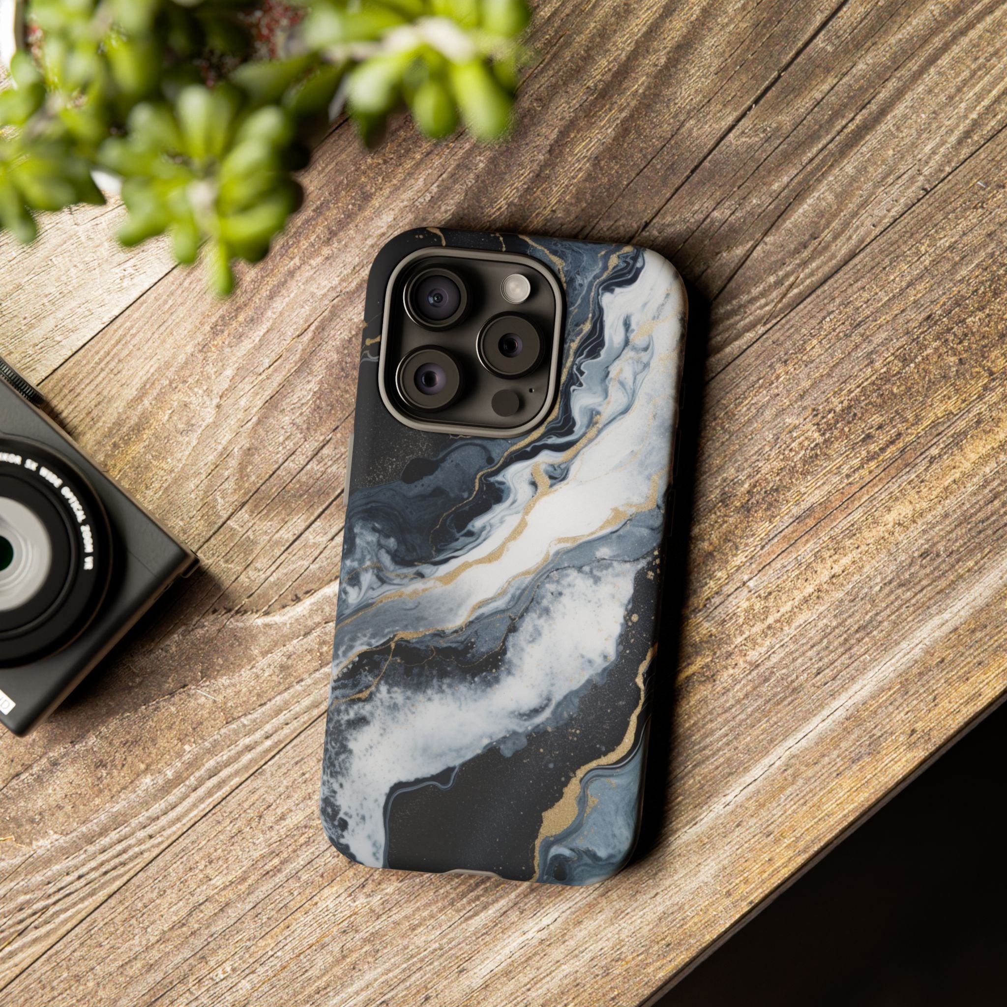 Celestial Marble Phone Case - Black & Gold Swirl Design