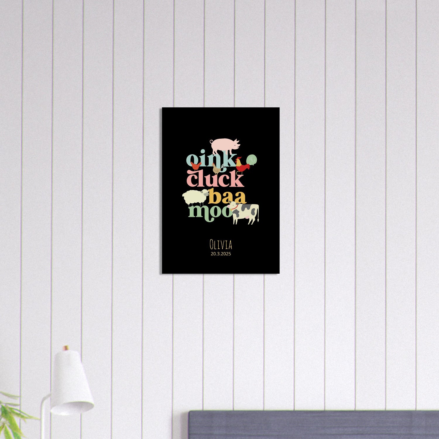 Oink Cluck Baa Moo Personalized Farm Print - Cute Nursery Wall Art Poster - Black A2 (42 x 59.4 cm)
