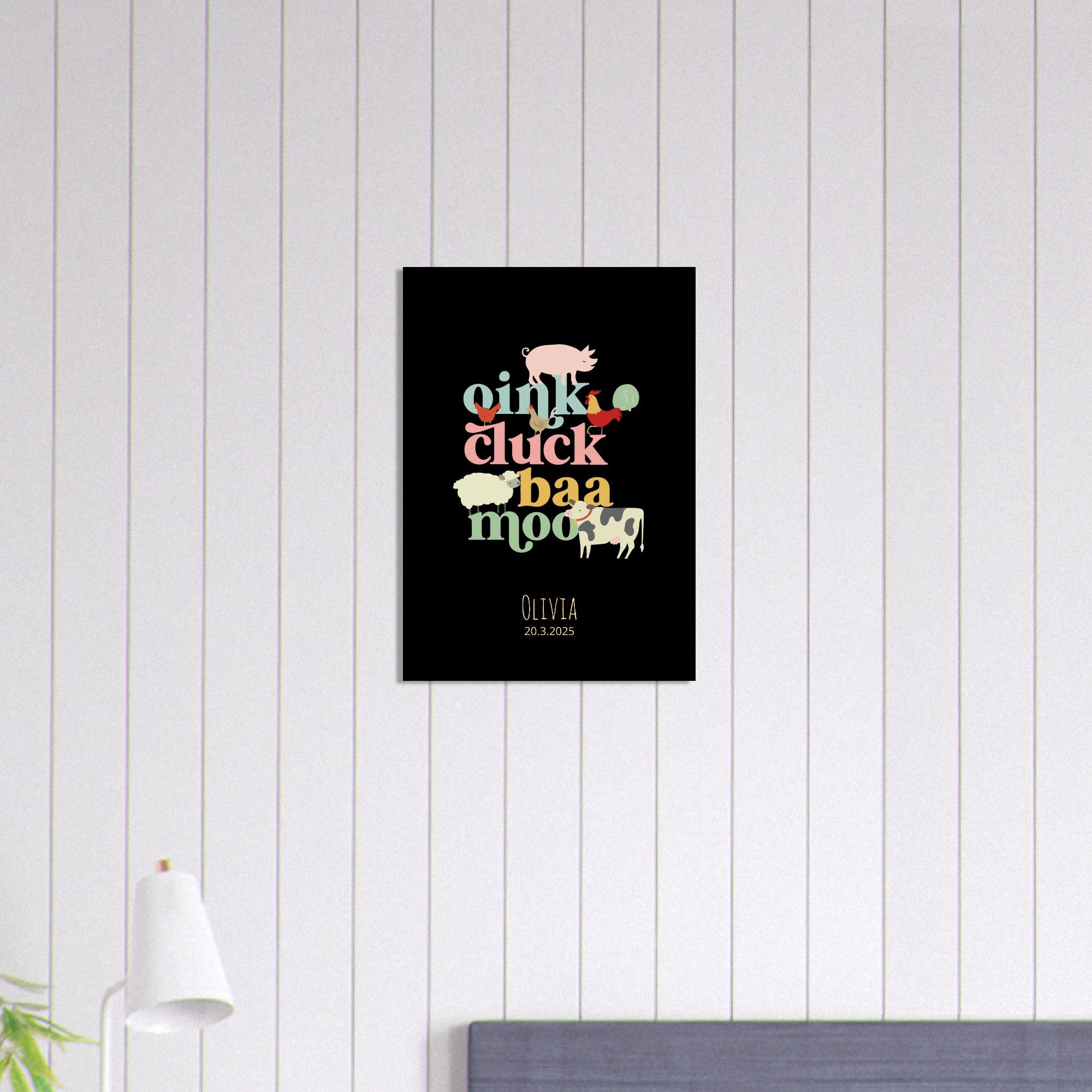 Oink Cluck Baa Moo Personalized Farm Print - Cute Nursery Wall Art Poster - Black A2 (42 x 59.4 cm)